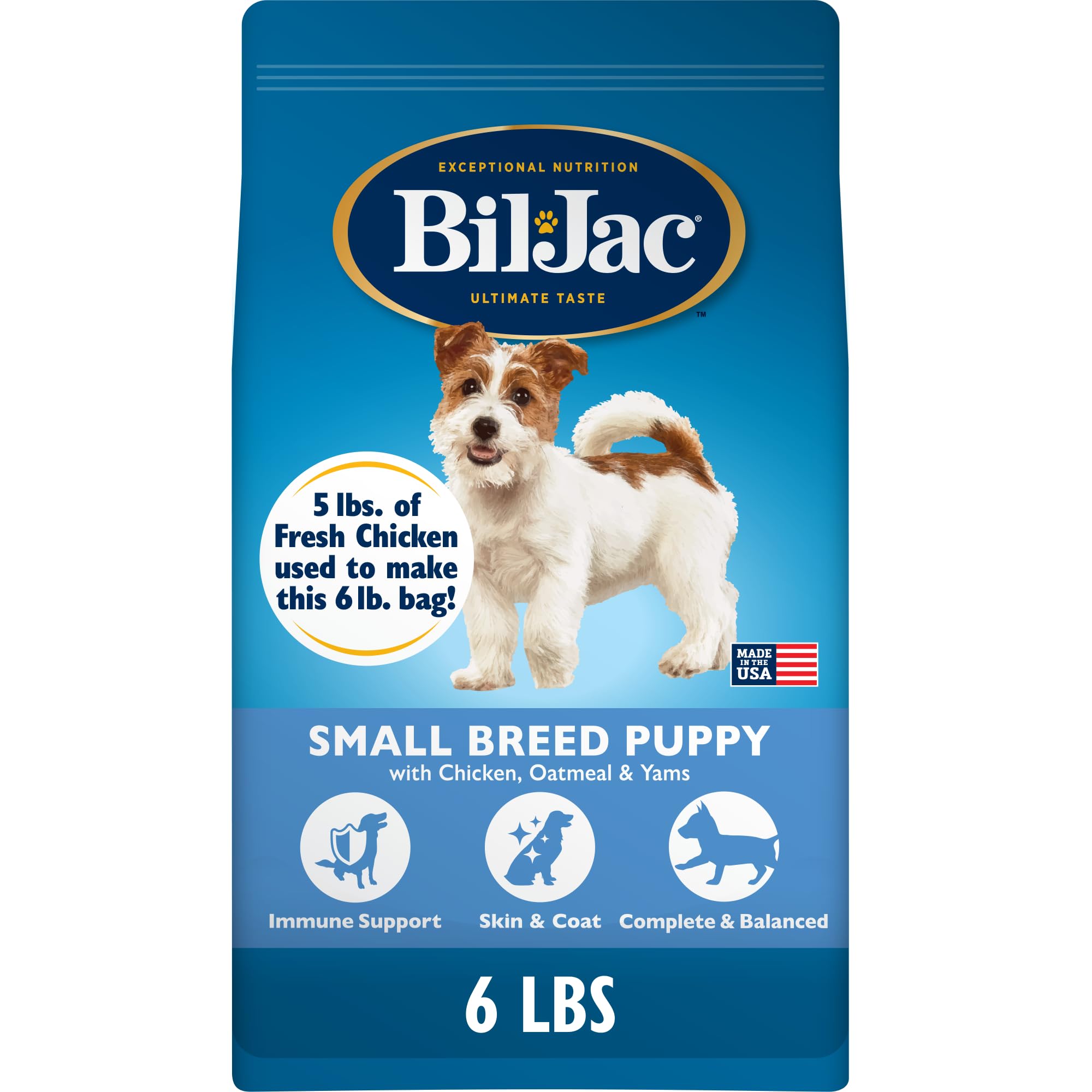 Bil-Jac sac face montrant la recette pour chiots petites races et appétence