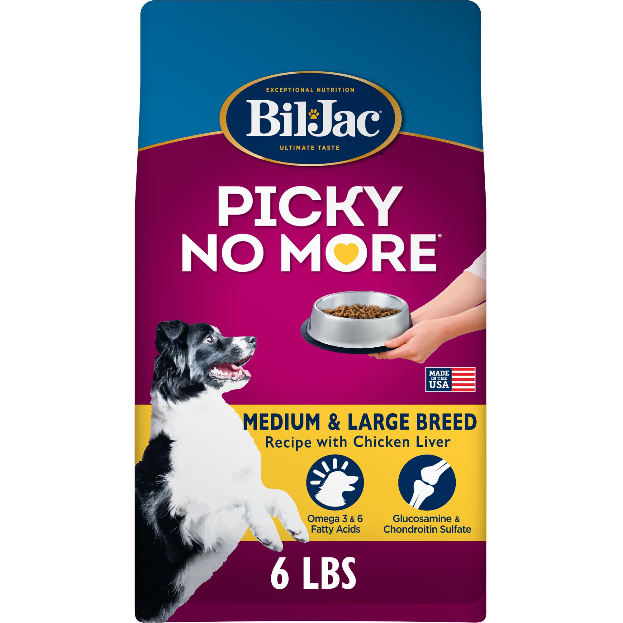 Bil-Jac emballage avant montrant la recette pour chiens difficiles et son attractivité
