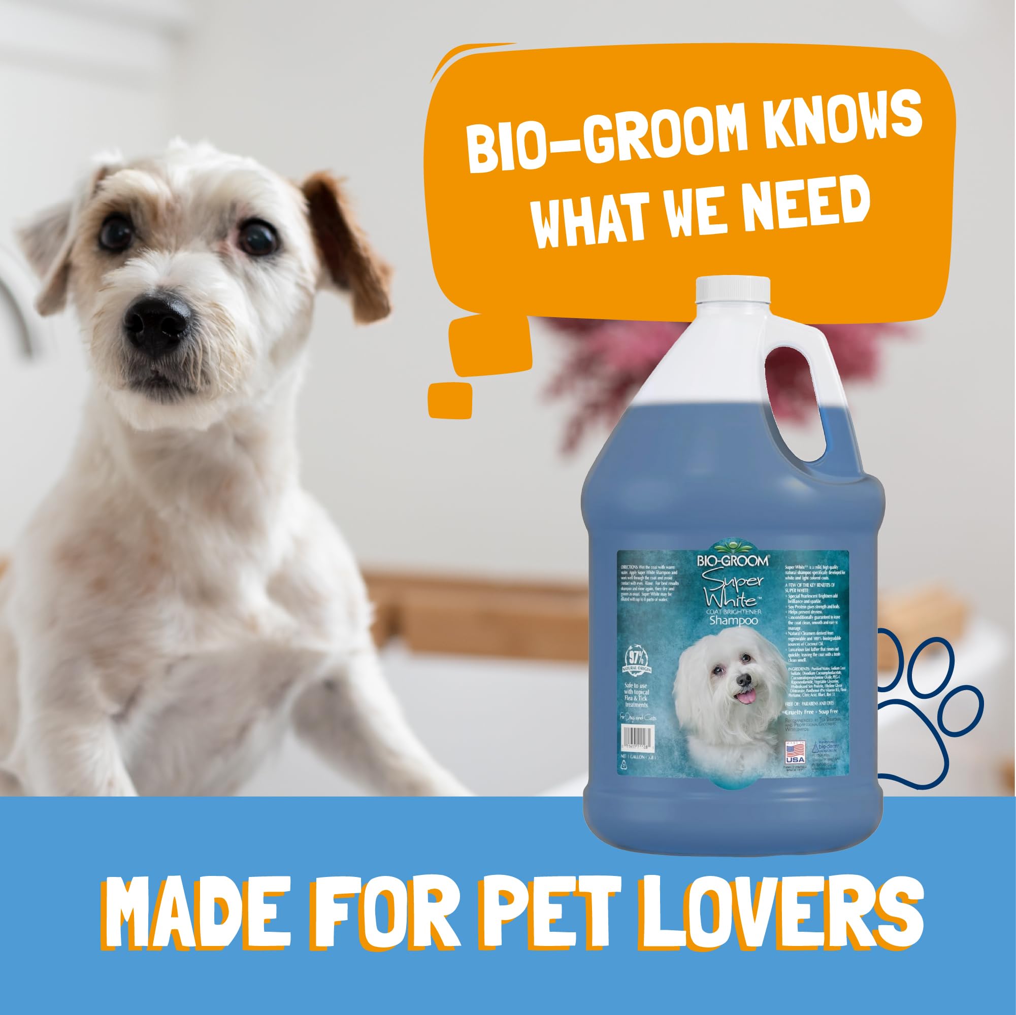 Bio-Groom mousse crémeuse illustrant texture douce et rinçage rapide