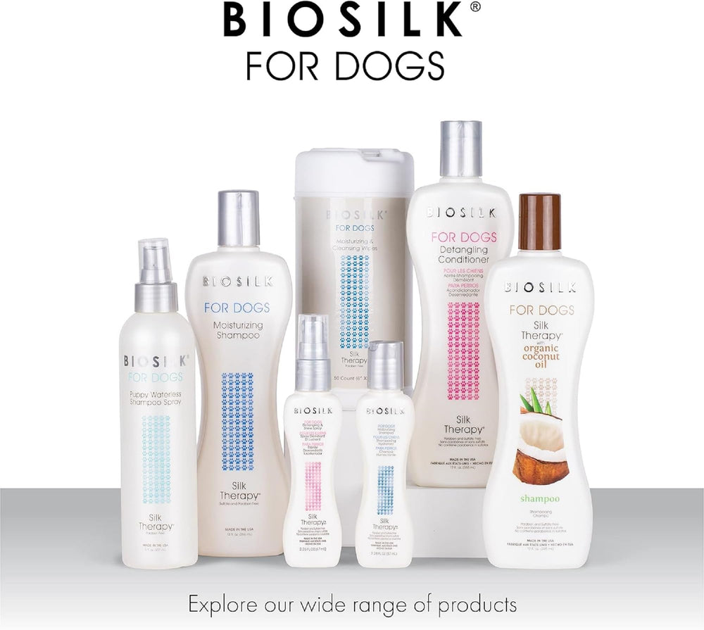 BioSilk for Dogs scène bain calme montrant soin doux et pelage brillant