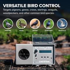 Bird B Gone appareil tenu en main pour montrer l'échelle et la portabilité pratique