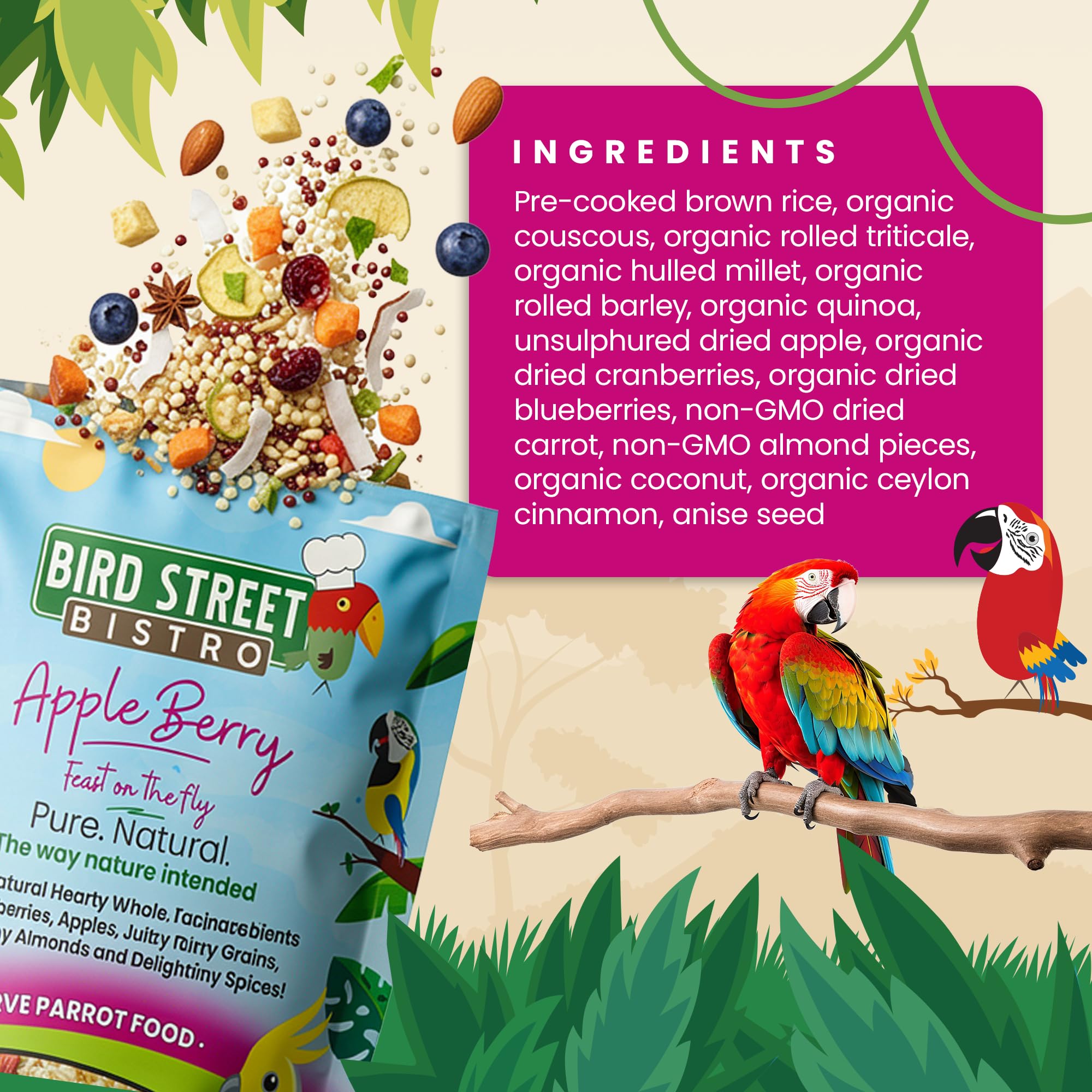 Bird Street Bistro dans une cage, image lifestyle illustrant acceptation par l'oiseau