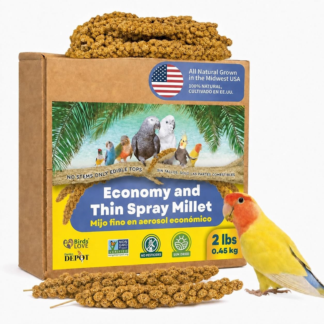 Birds LOVE emballage avant montrant lot 2 lb et origine USA bénéfice fraîcheur