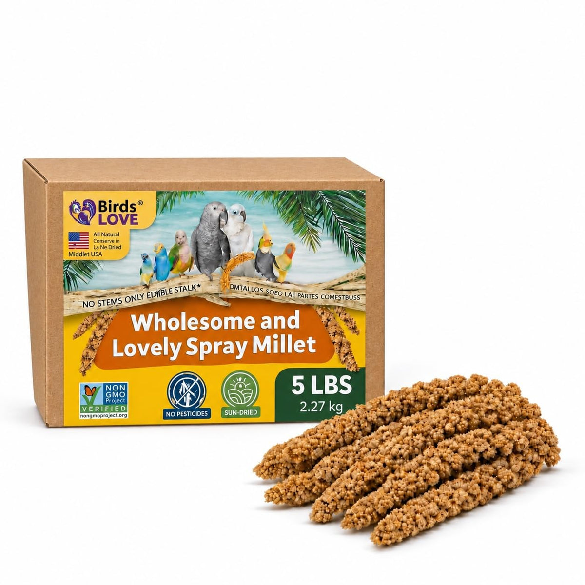 Birds LOVE emballage avant montrant 5 lb et label Non‑GMO pour tranquillité d'esprit
