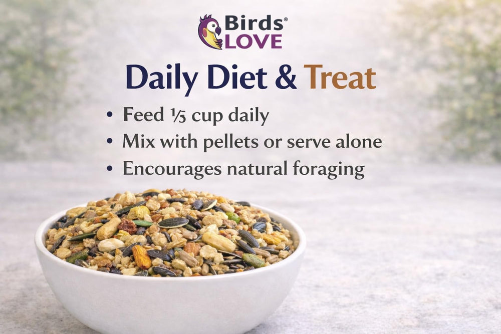 Birds LOVE mélange présenté dans une coupe pour portion pratique