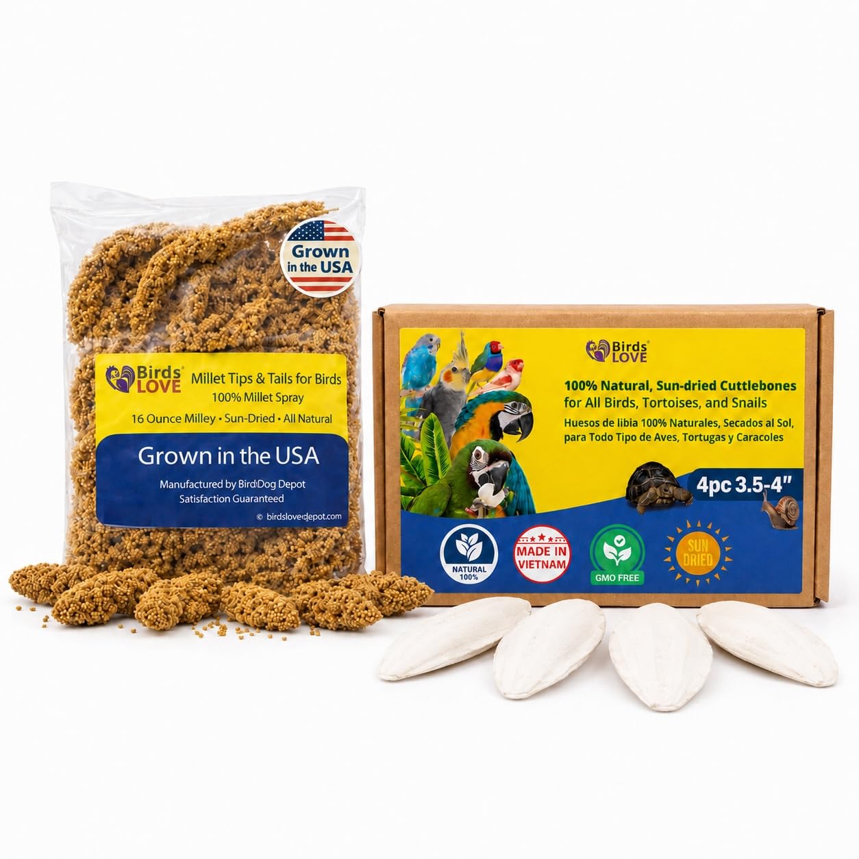 Birds LOVE pack frontal montrant millet et cuttlebone pour enrichissement