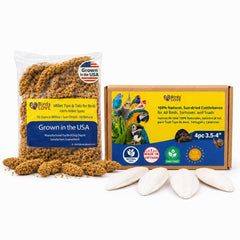 Birds LOVE pack frontal montrant millet et cuttlebone pour enrichissement