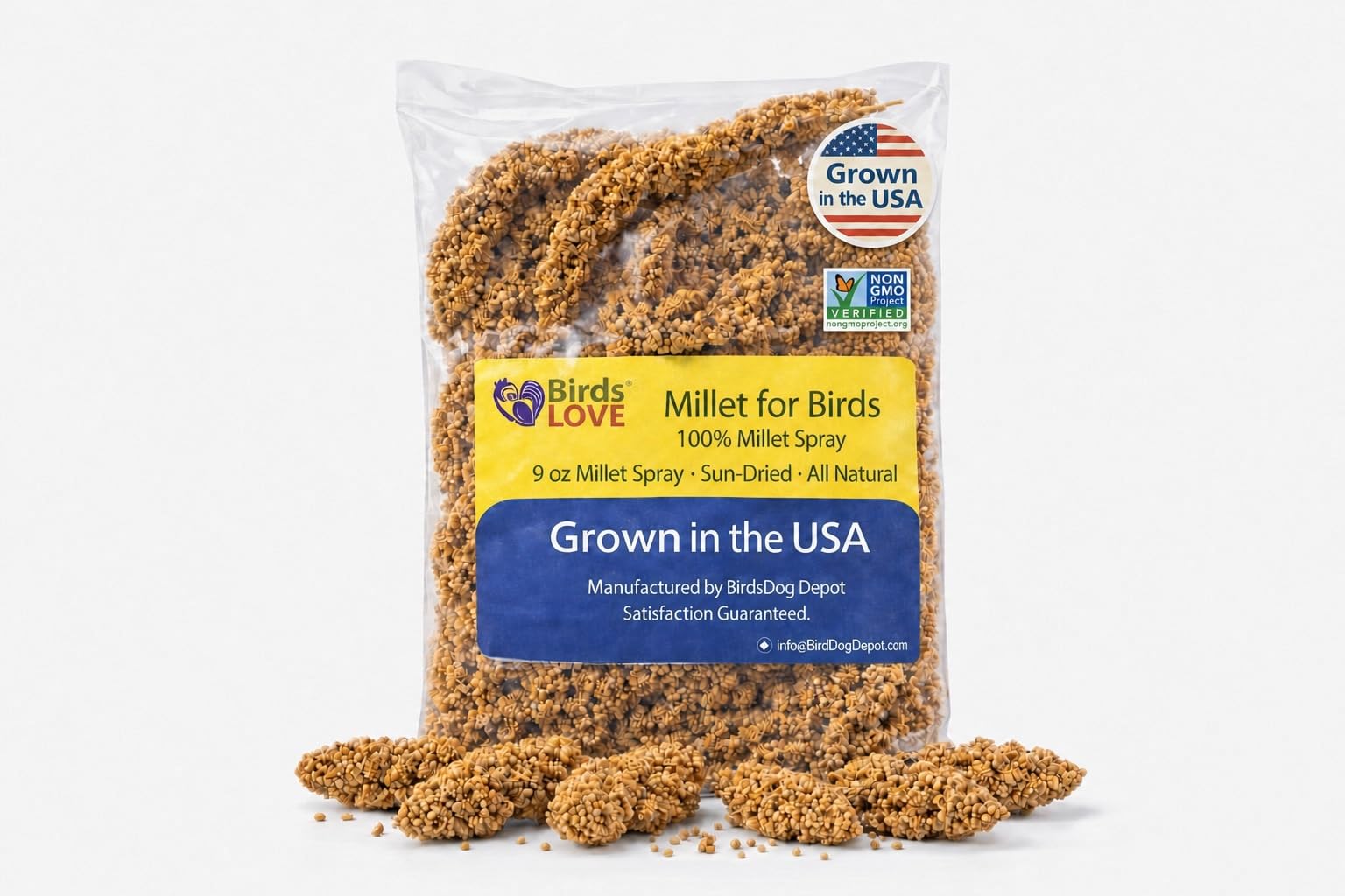 Birds LOVE paquet avant montrant millet 9 oz, friandise saine