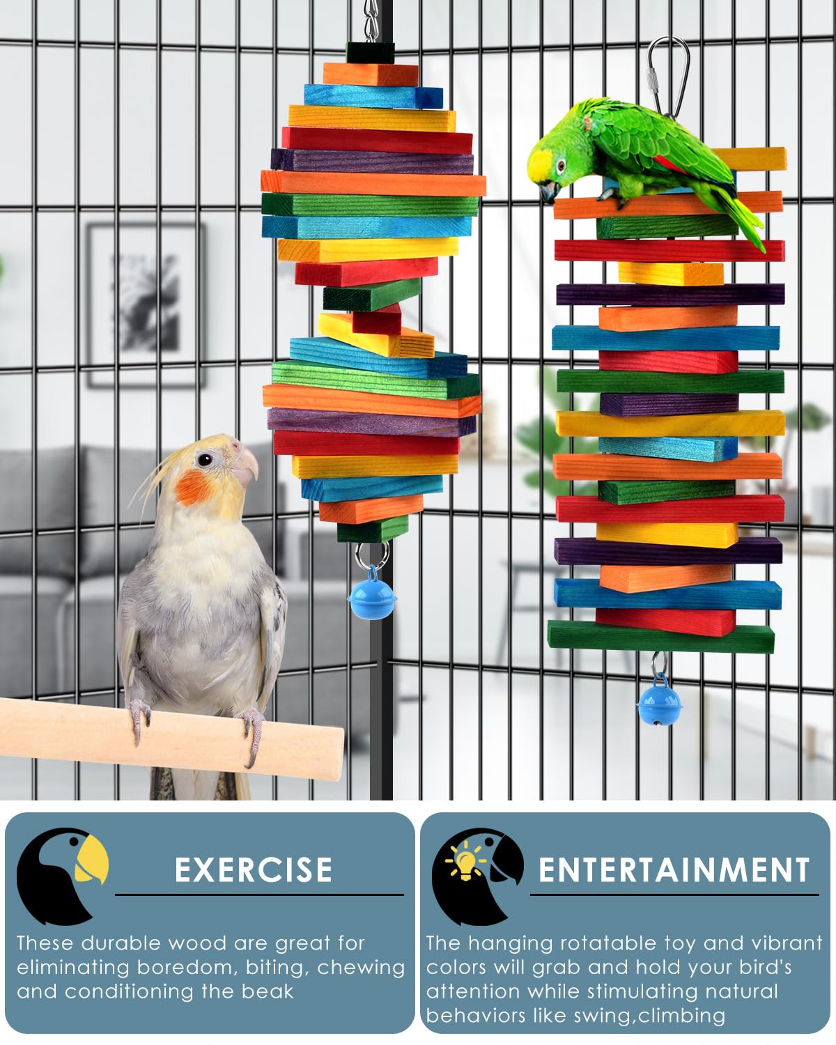 Bissap jouet suspendu dans une cage avec oiseau en interaction pour stimulation