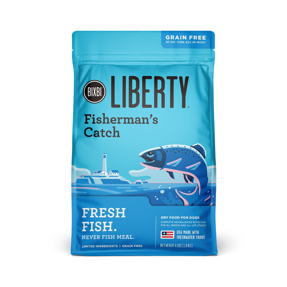 BIXBI paquet avant montrant poisson frais et bénéfice nutritionnel