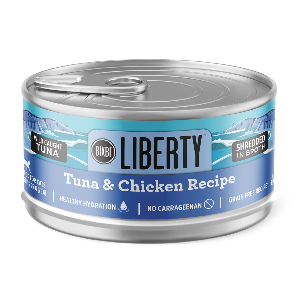 BIXBI Liberty emballage avant montrant la recette thon et poulet et informations clés