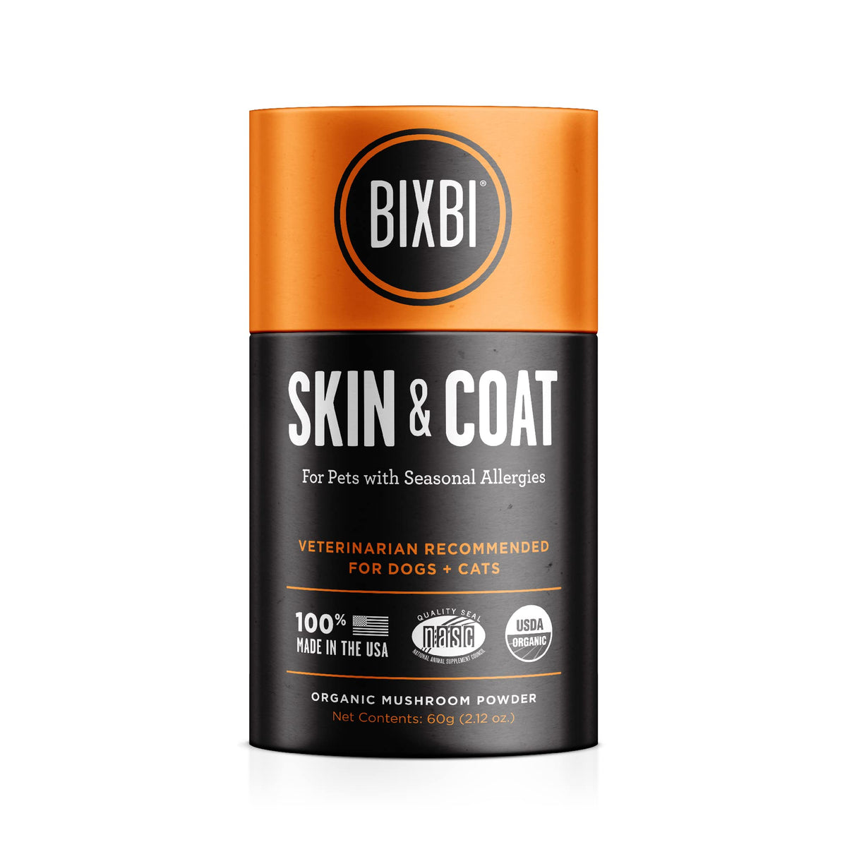 BIXBI pot packaging face montrant l'étiquette et avantages pour pelage sain
