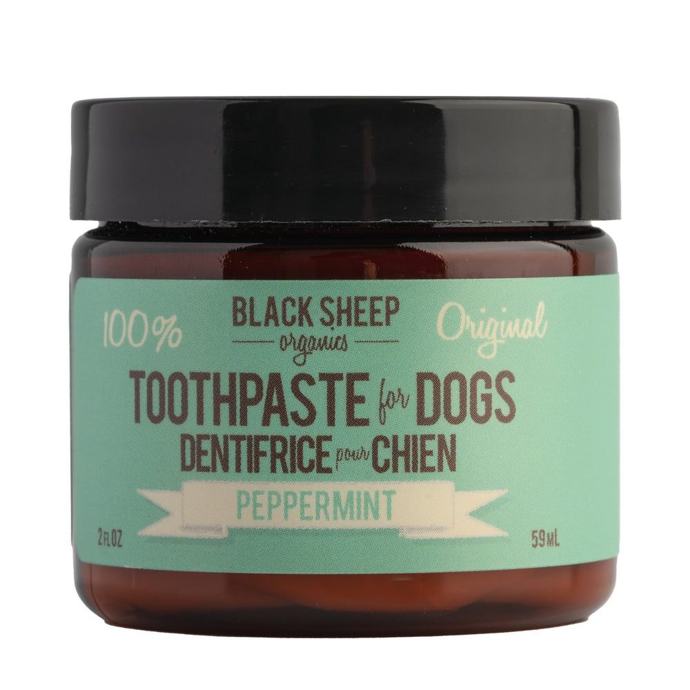 Black Sheep Organics pot de dentifrice pour chien montrant l'emballage et l'étiquette, pratique