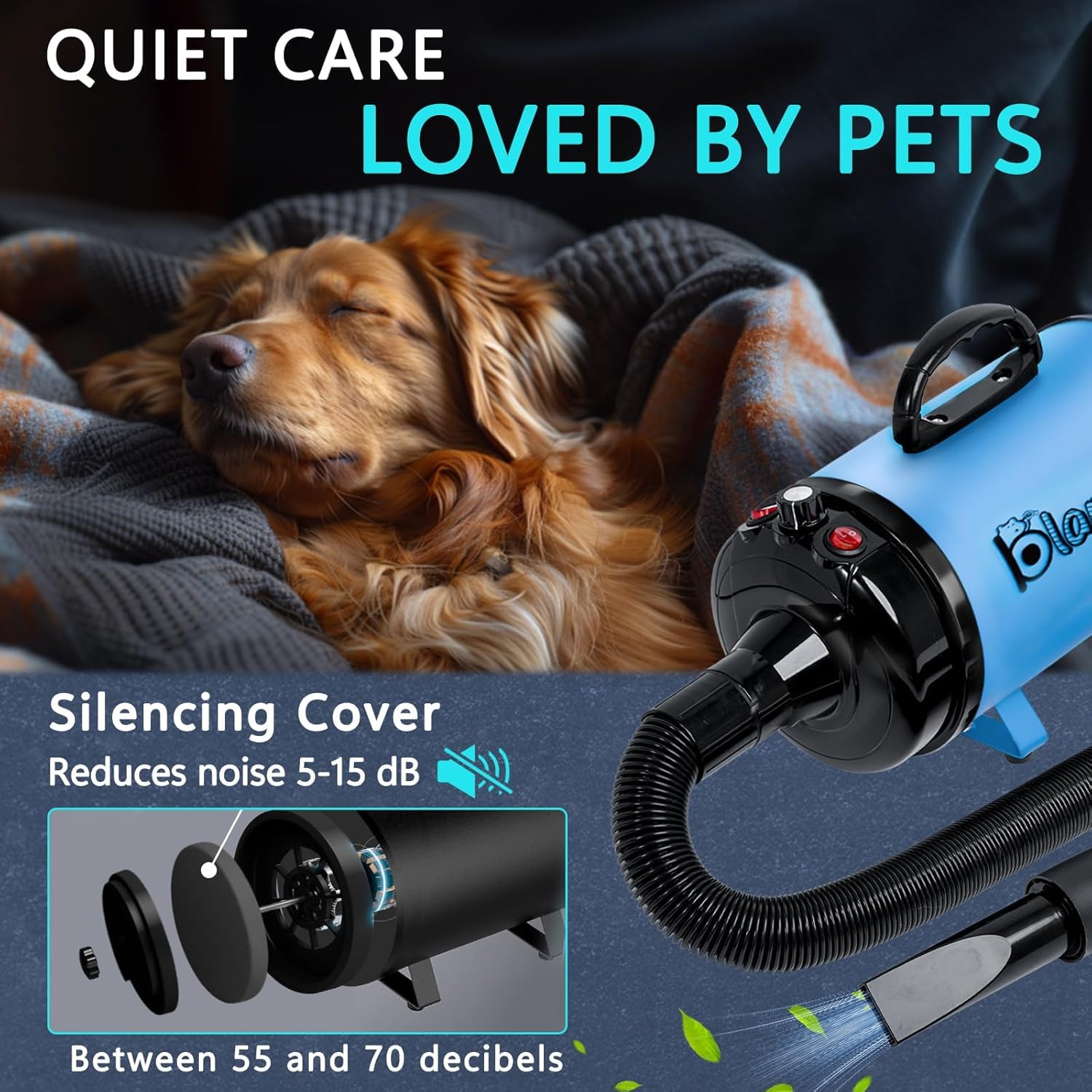 Blanlody sèche-cheveux en usage sur un chien pour un séchage rapide