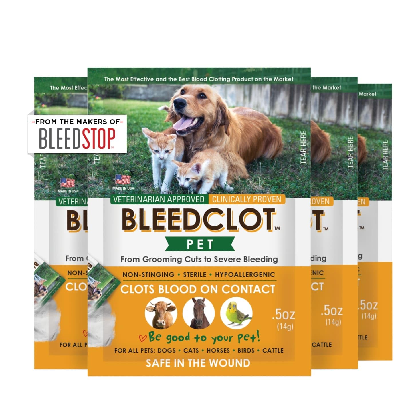BleedClot Pet emballage avant montrant contenu et praticité
