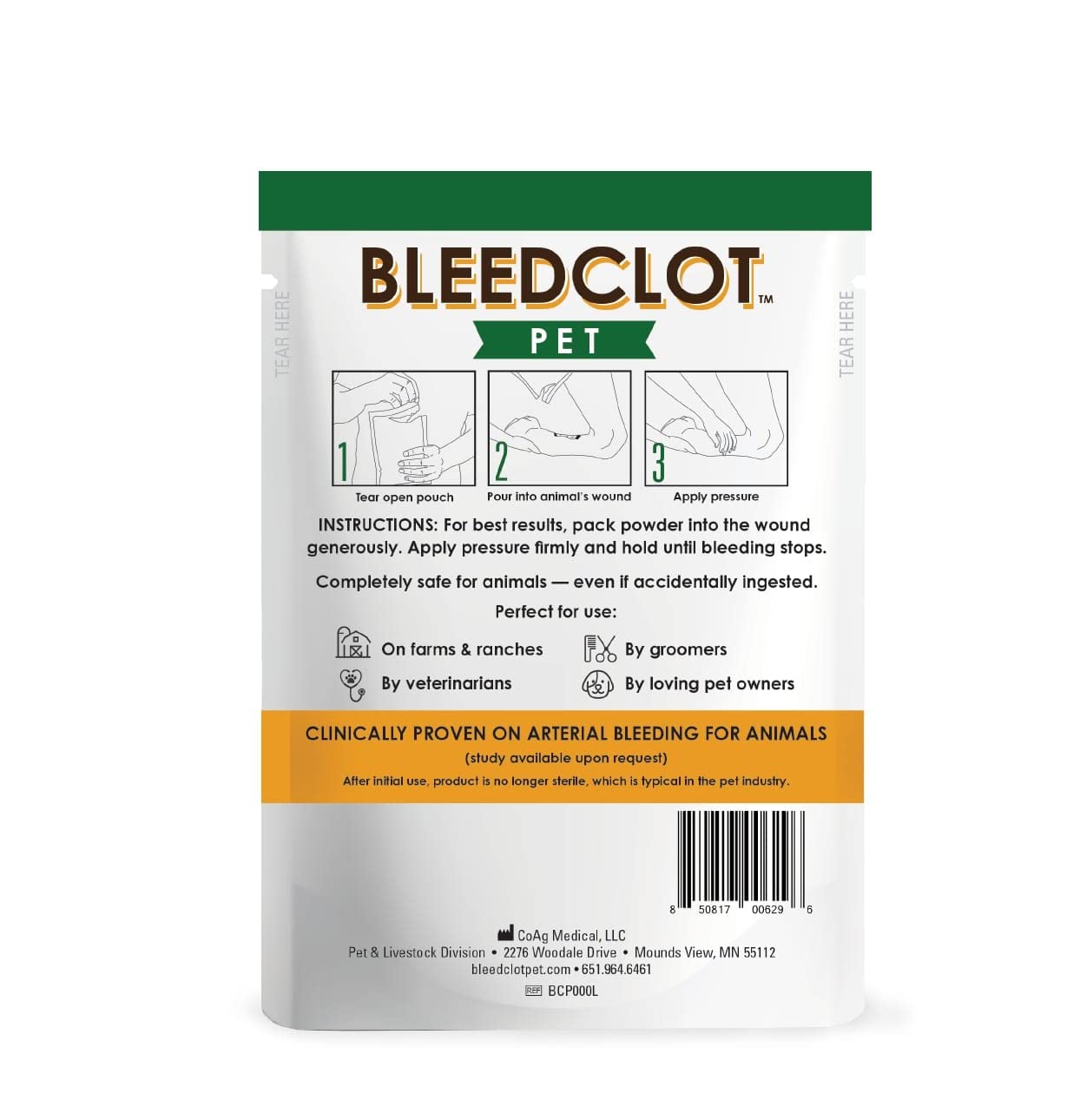 BleedClot Pet sachet ouvert texture poudre sûre et non irritante