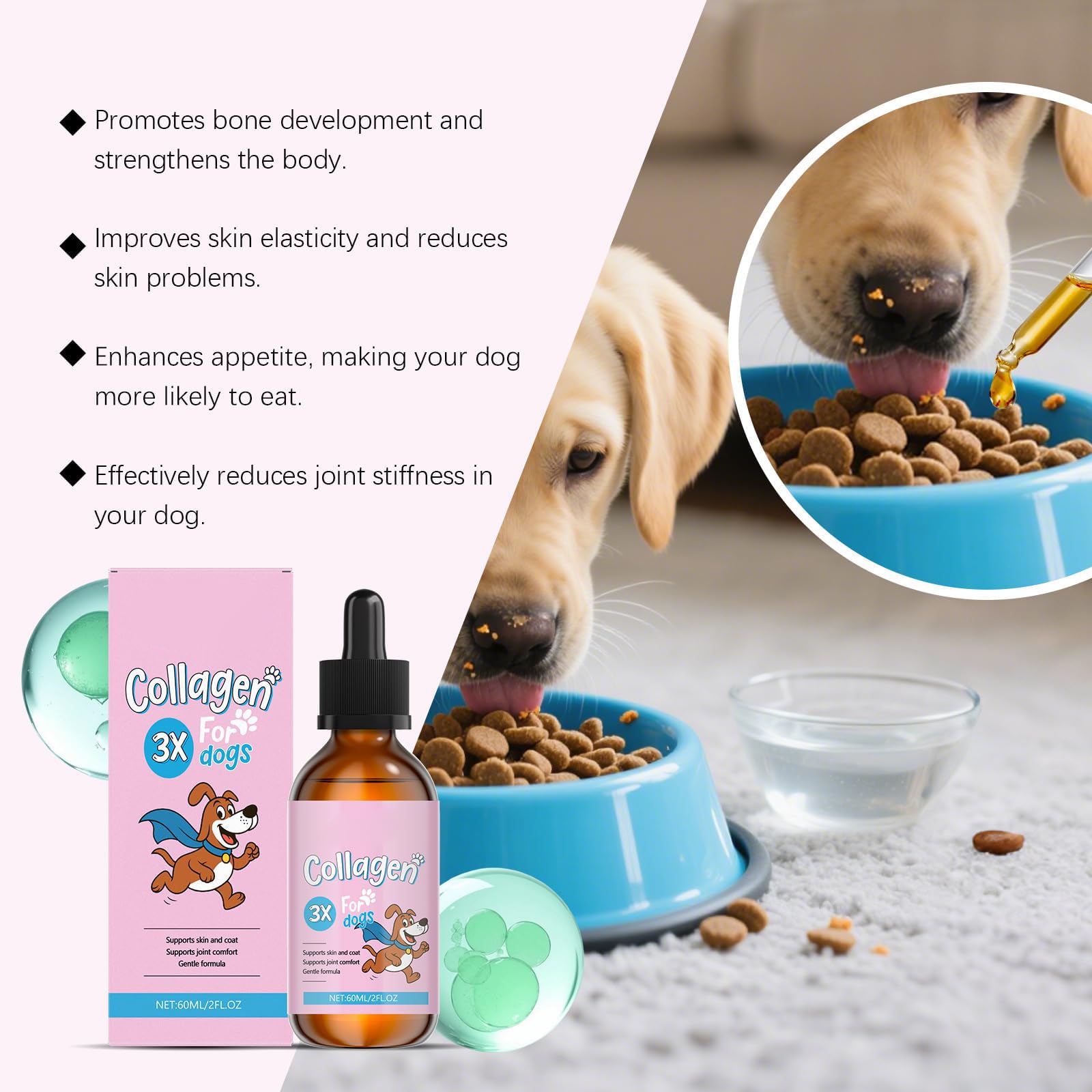 Bloom Dog Collagen goutte de liquide illustrant la texture et absorption rapide