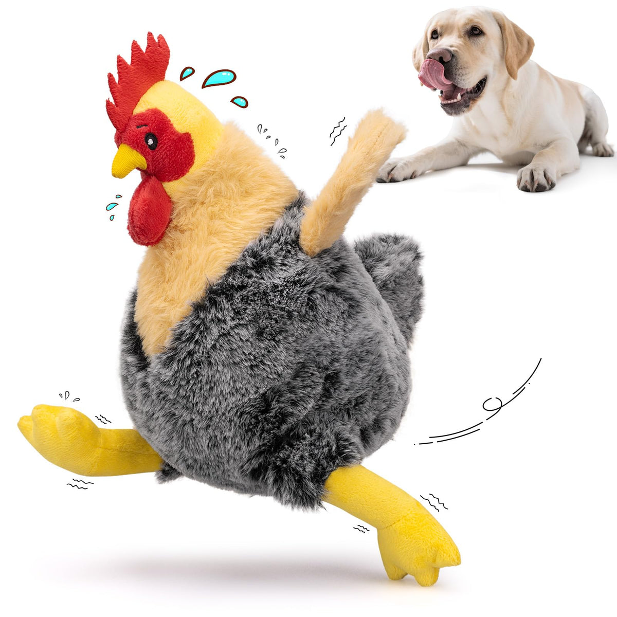 BluBrk poule peluche vue avant, attire l’attention pour jouer