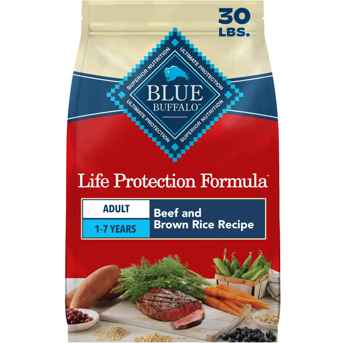 Blue Buffalo sac 30 lb face avec visuel naturel, présente une alimentation complète
