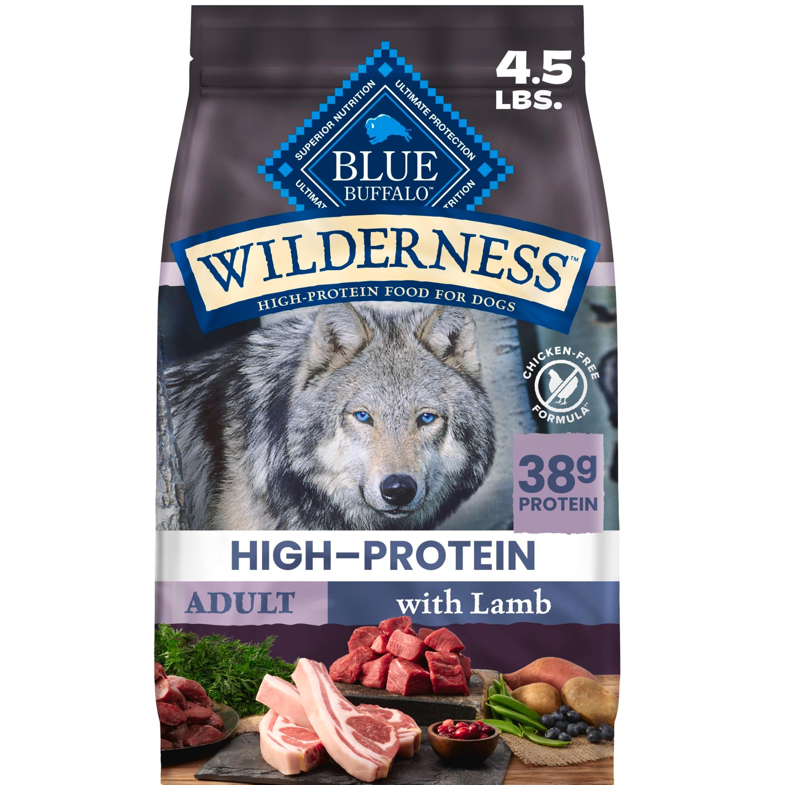 Blue Buffalo emballage avant montrant recette agneau sans volaille pour confiance