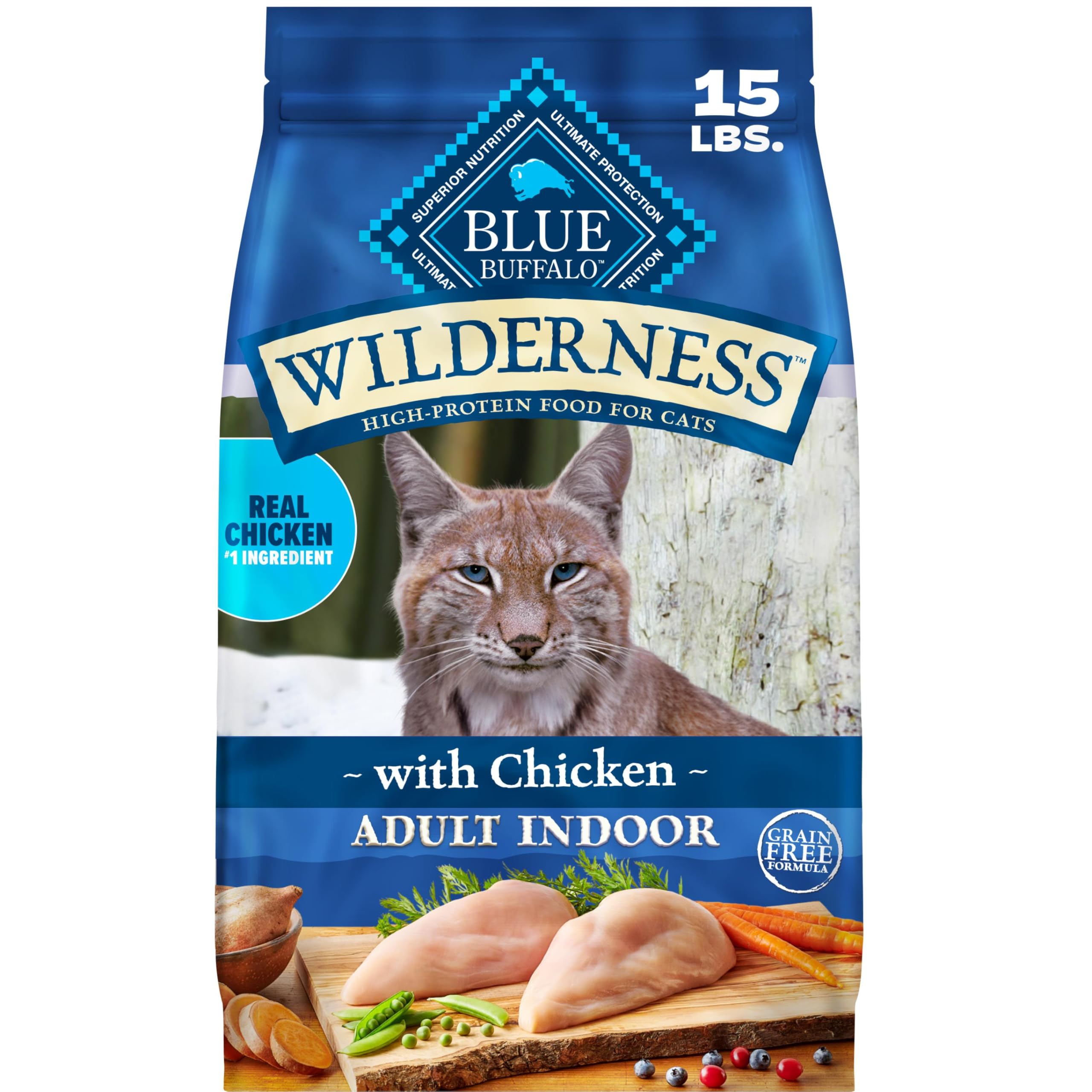 Blue Buffalo paquet avant montrant poulet réel et bénéfice protéines
