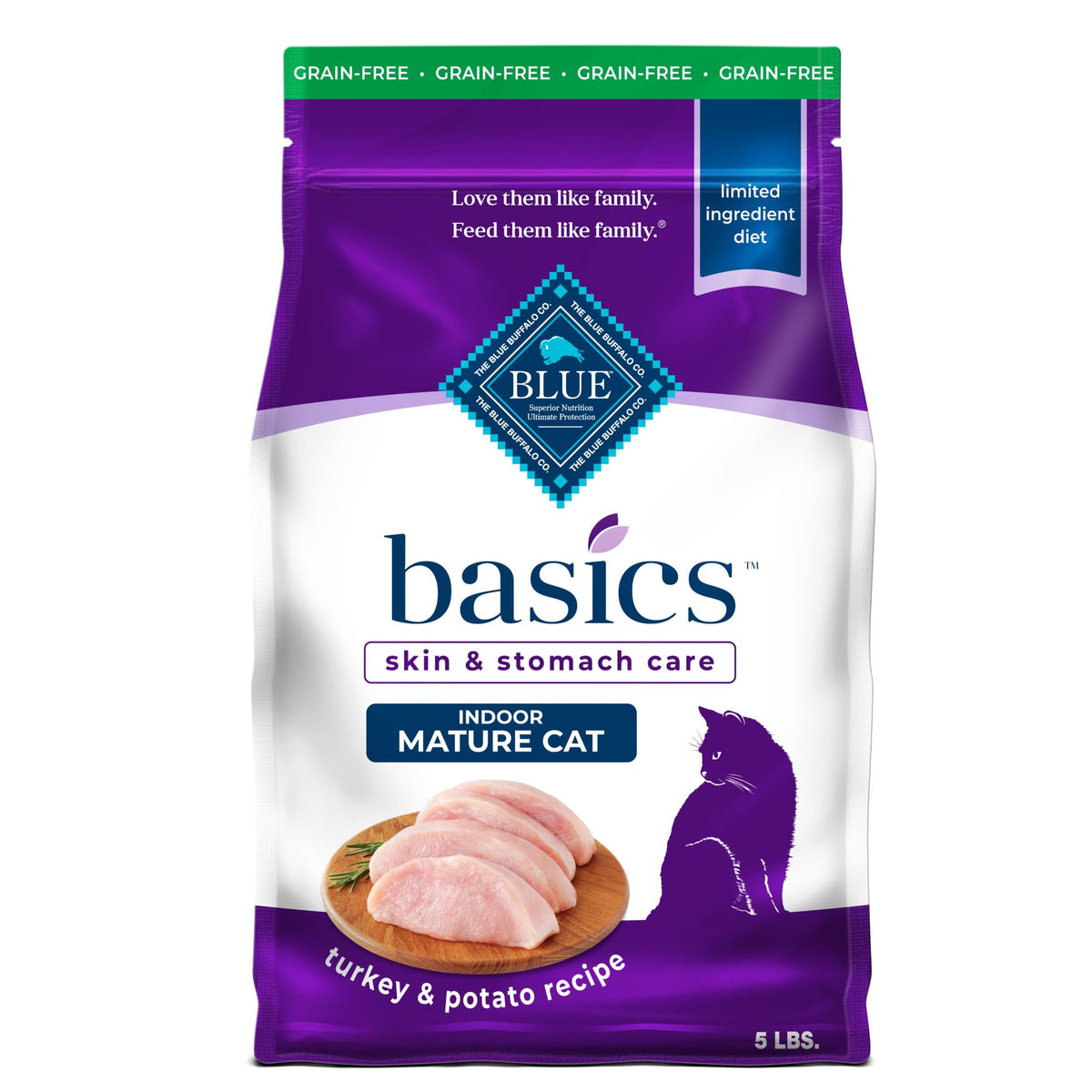 Blue Buffalo sachet avant montrant ingrédients clés et bénéfices nutritifs