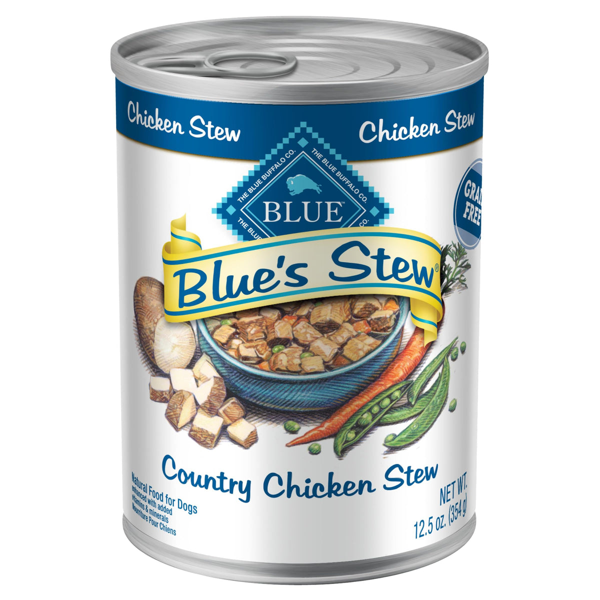 Blue Buffalo boîte avant montrant l'étiquette et bénéfice alimentation complète