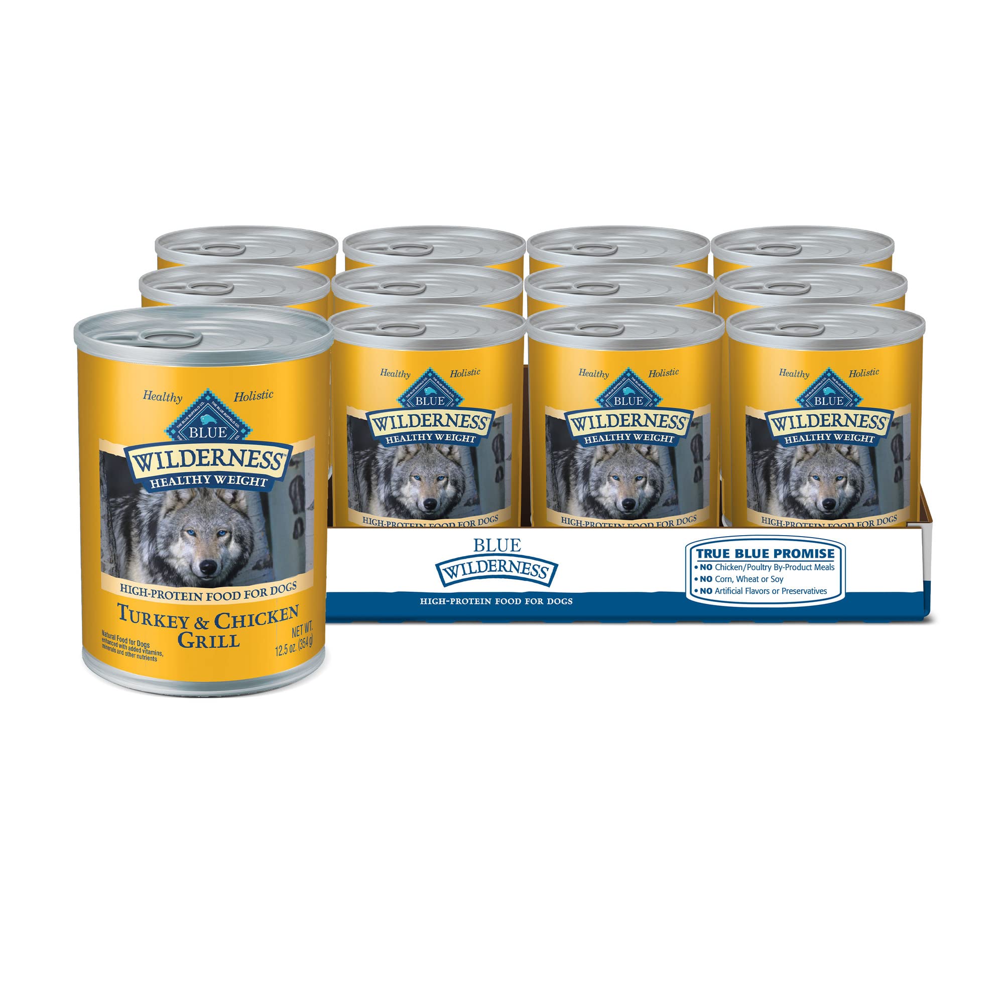 Blue Buffalo boîte face montrant la recette dinde et poulet et bénéfice contrôle du poids