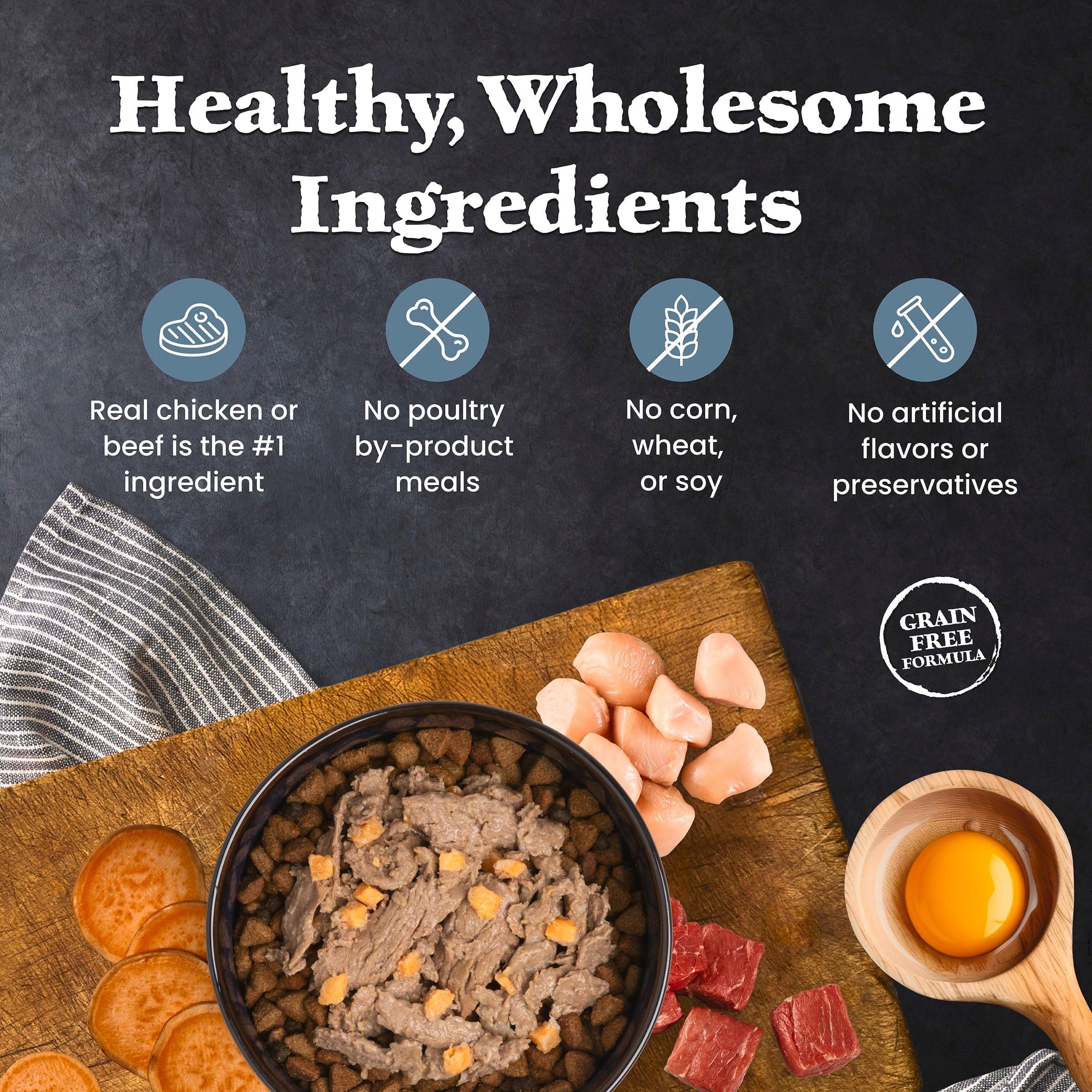 Blue Buffalo étiquette nutrition arrière soulignant vitamines et ingrédients naturels