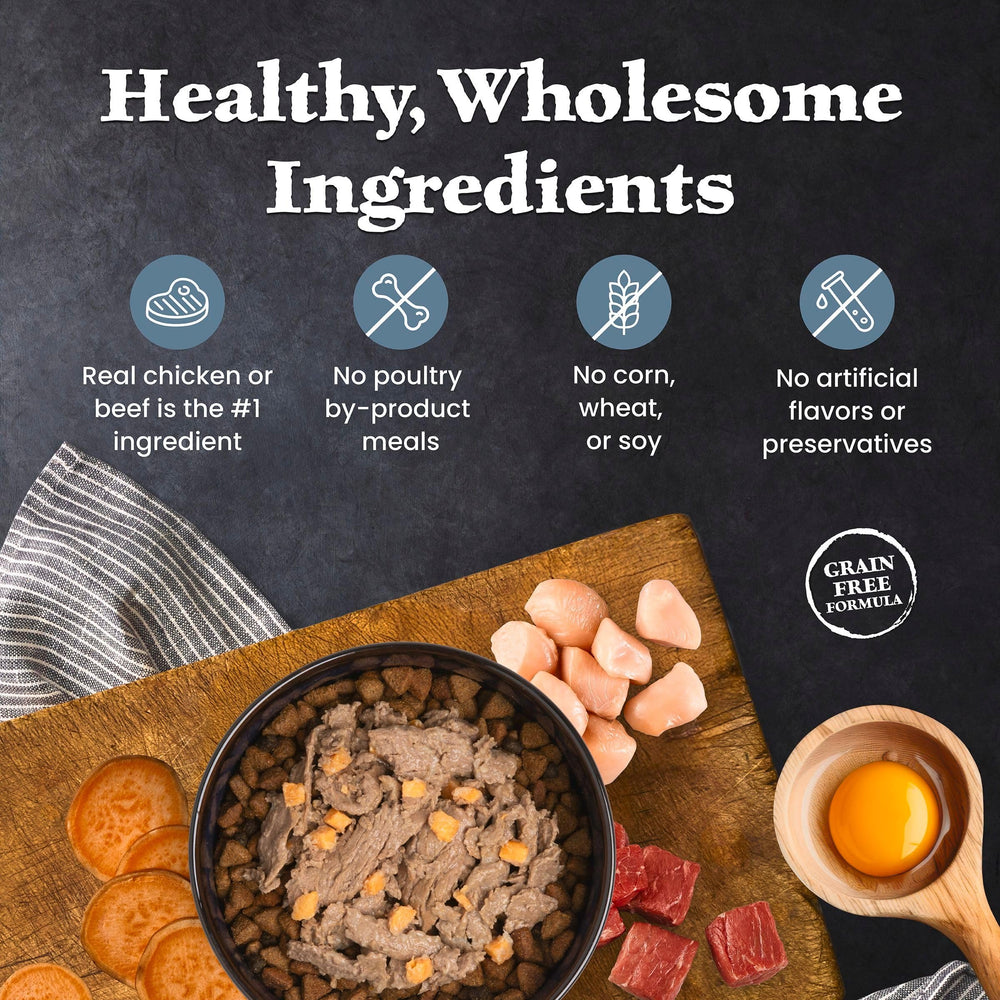 Blue Buffalo étiquette nutrition arrière soulignant vitamines et ingrédients naturels