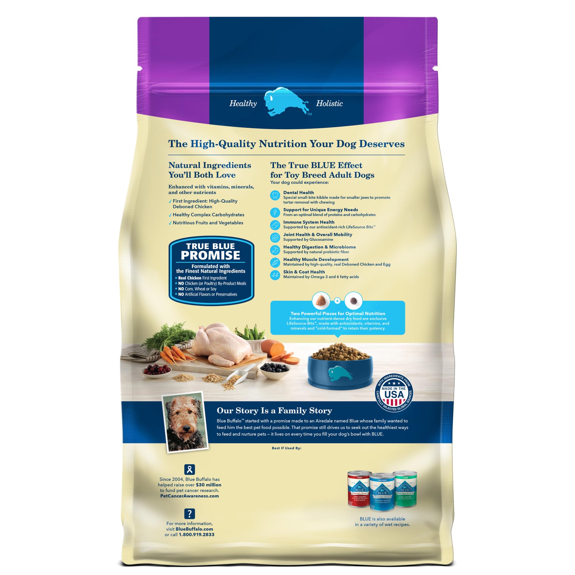 Blue Buffalo dos de sac affichant informations nutritionnelles et avantages santé