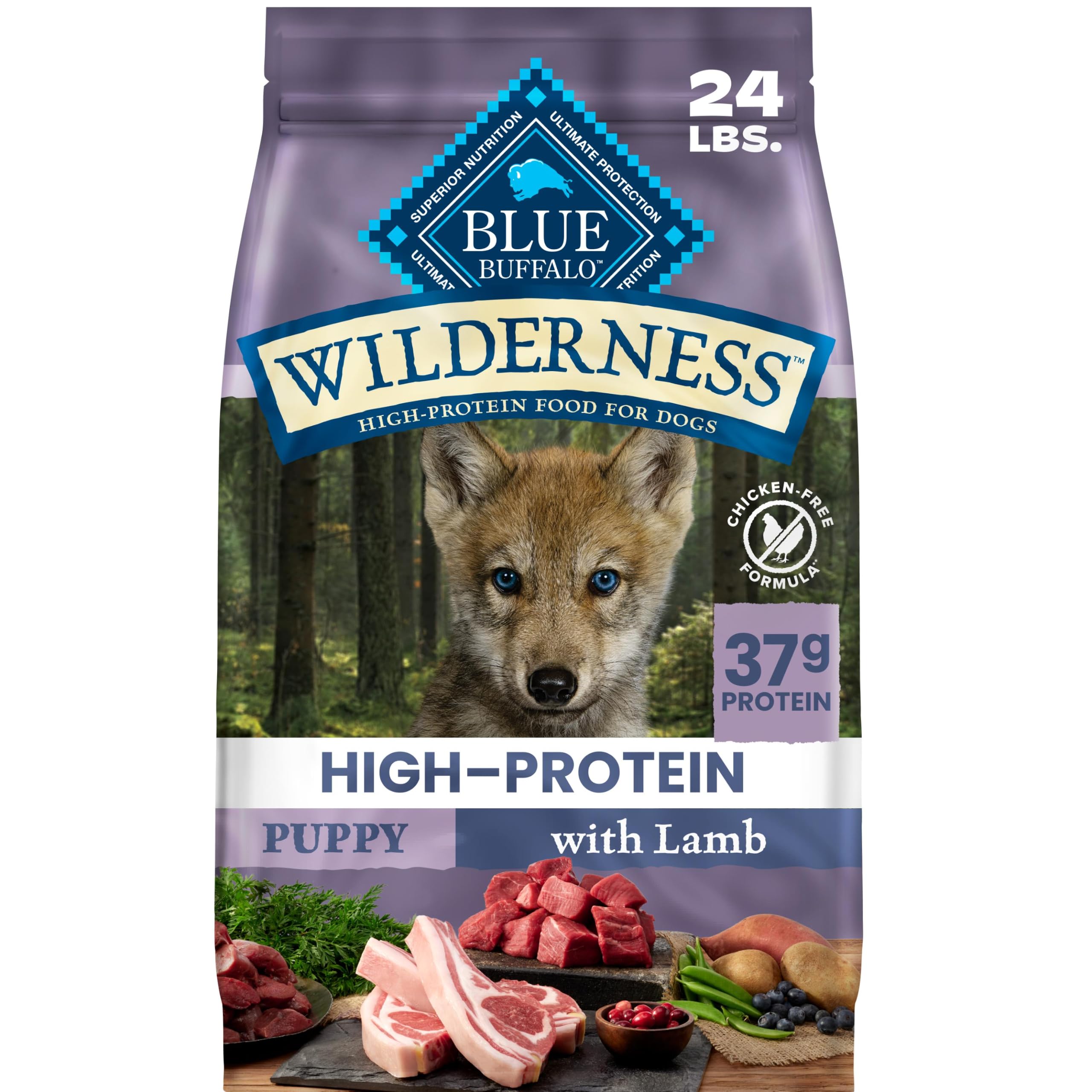 Blue Buffalo emballage avant 24 lb montrant la recette agneau sans poulet bénéfice nutritionnel