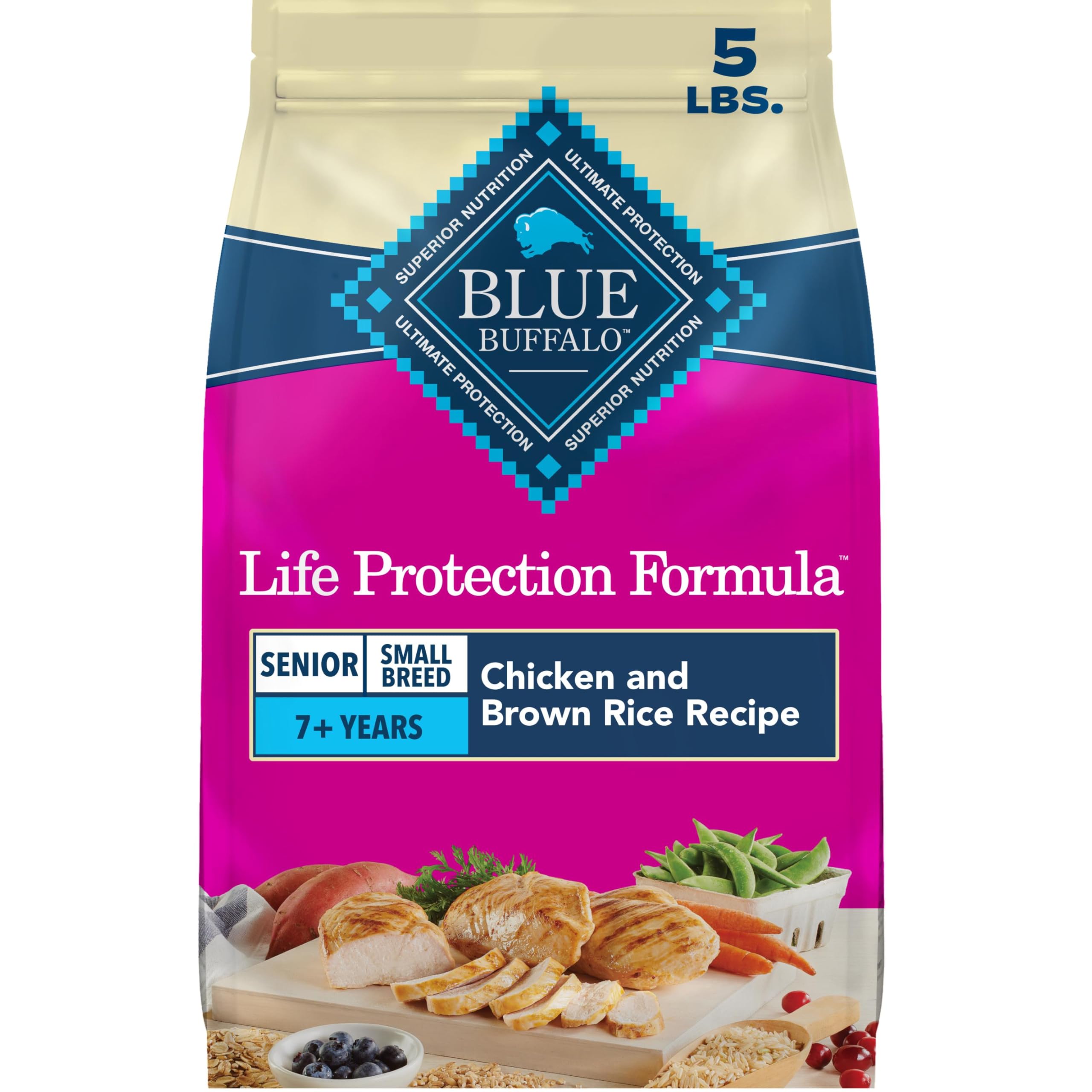 Blue Buffalo emballage avant 5 lb montrant ingrédients naturels et bénéfice nutritionnel