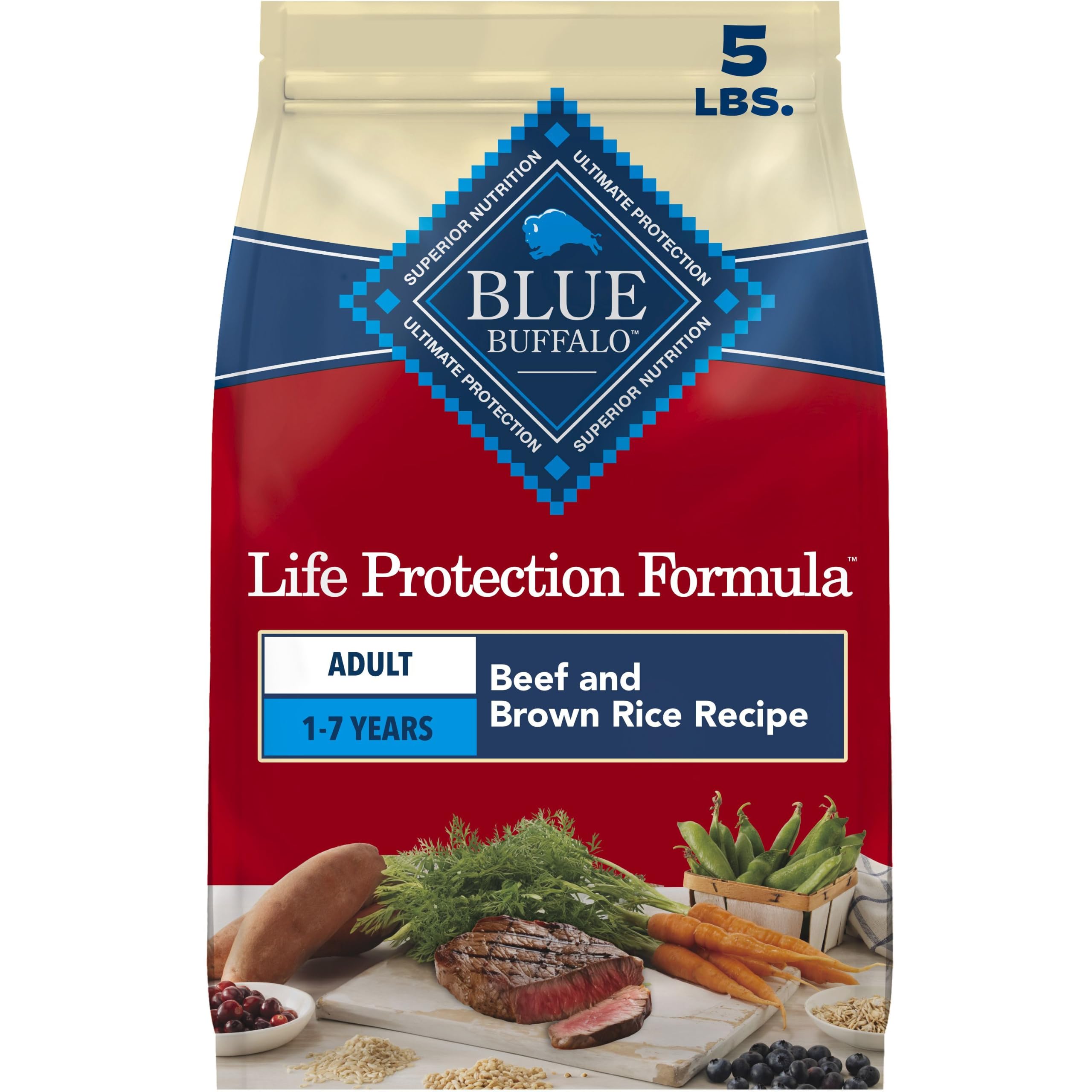 Blue Buffalo emballage avant 5 lb montrant la recette bœuf et riz, nutrition fiable