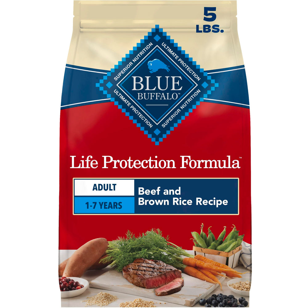 Blue Buffalo emballage avant 5 lb montrant la recette bœuf et riz, nutrition fiable