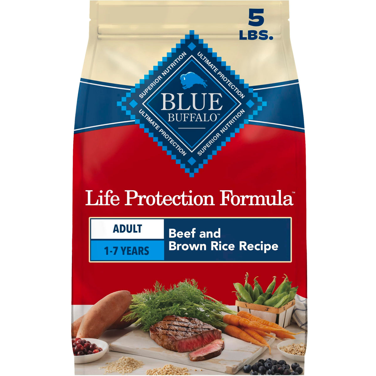 Blue Buffalo emballage avant 5 lb montrant la recette bœuf et riz, nutrition fiable