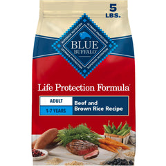 Blue Buffalo emballage avant 5 lb montrant la recette bœuf et riz, nutrition fiable