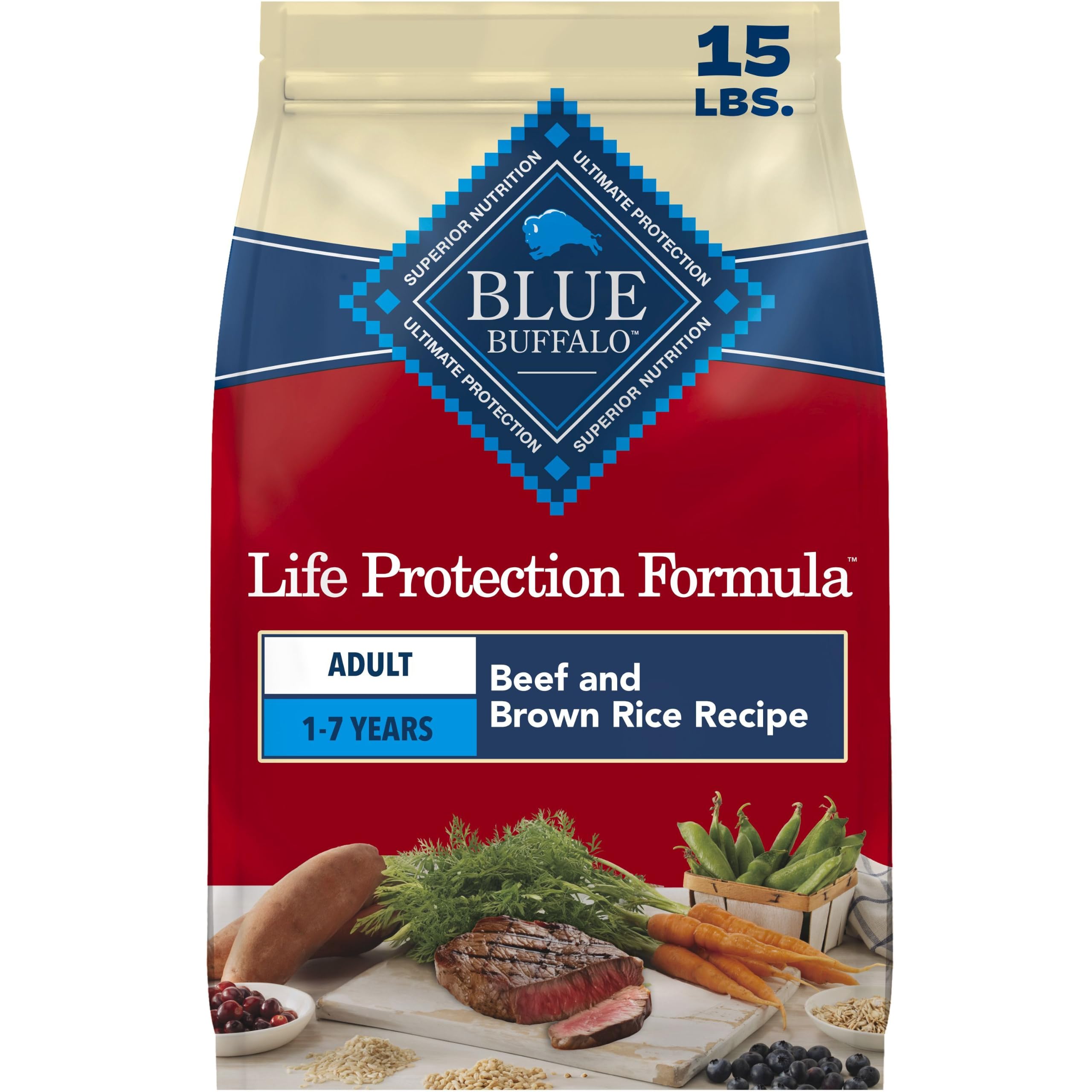 Blue Buffalo emballage avant montrant bœuf et riz brun pour nutrition complète