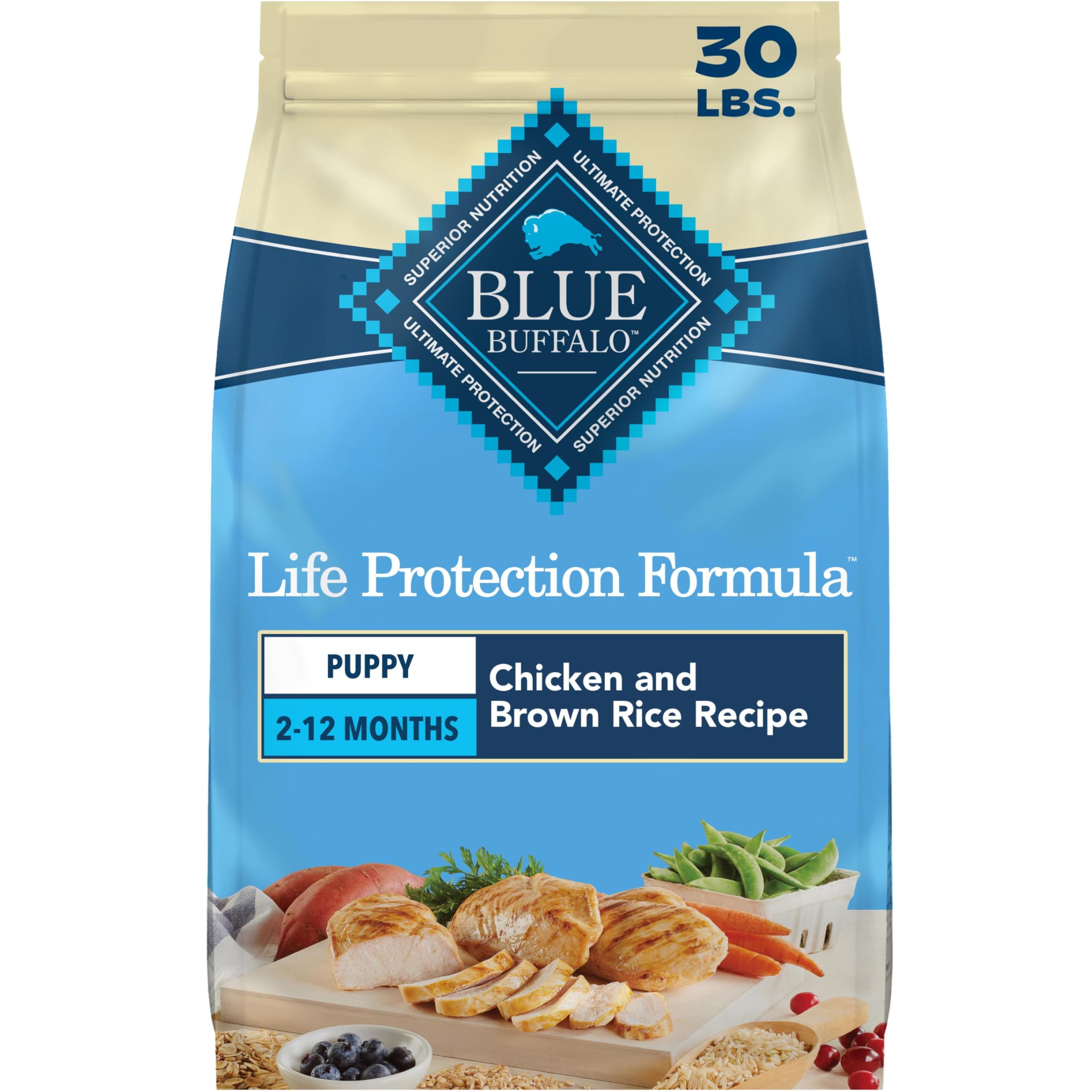 Blue Buffalo emballage avant 30 lb montrant poulet et bénéfices nutritionnels
