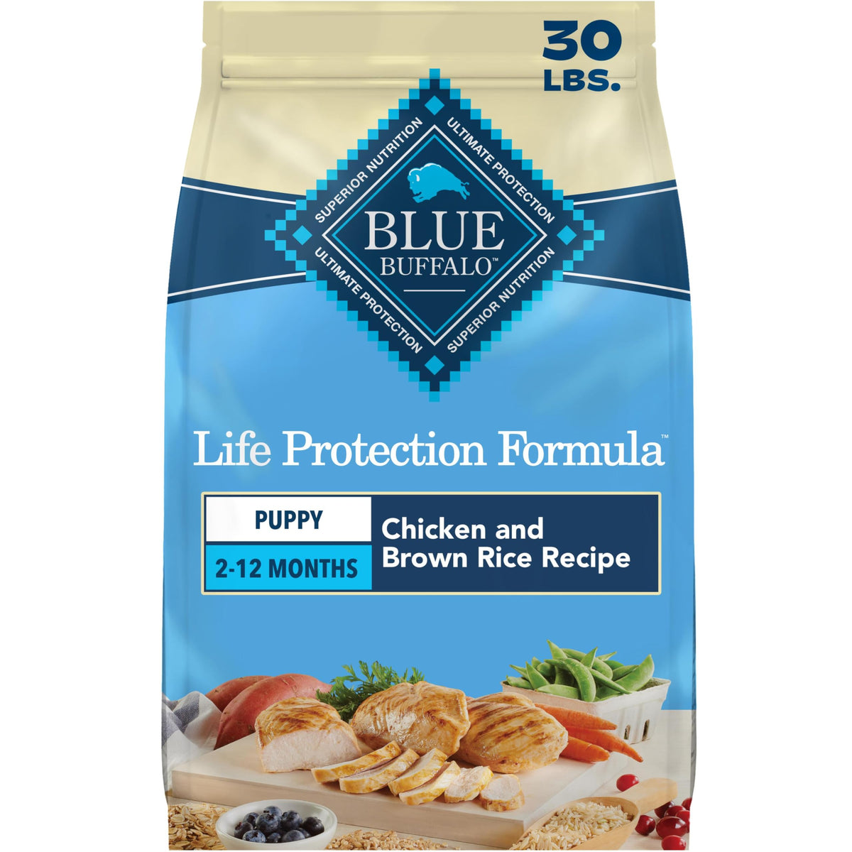 Blue Buffalo emballage avant 30 lb montrant poulet et bénéfices nutritionnels