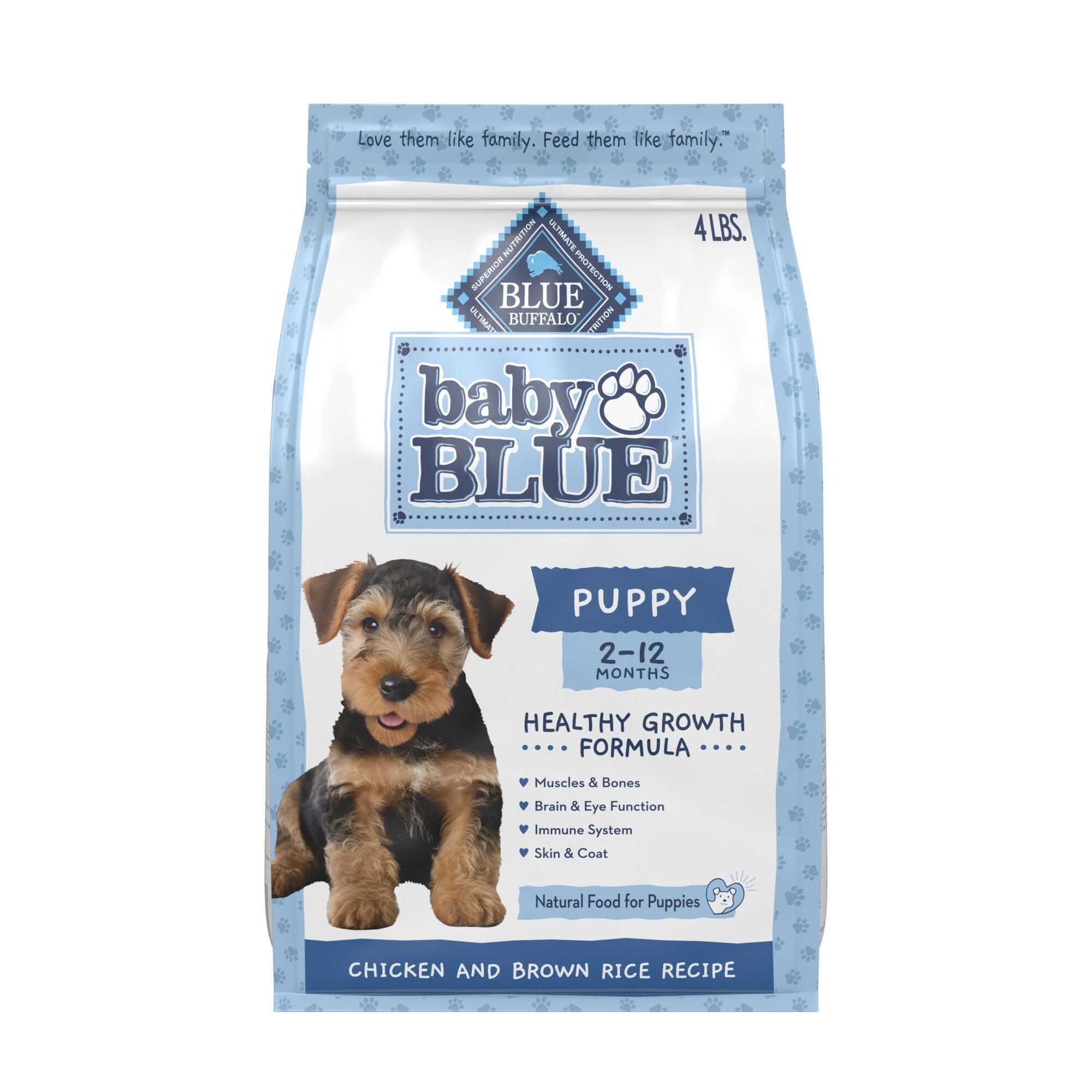 Blue Buffalo emballage avant 4 lb montrant recette poulet et riz, rassure qualité