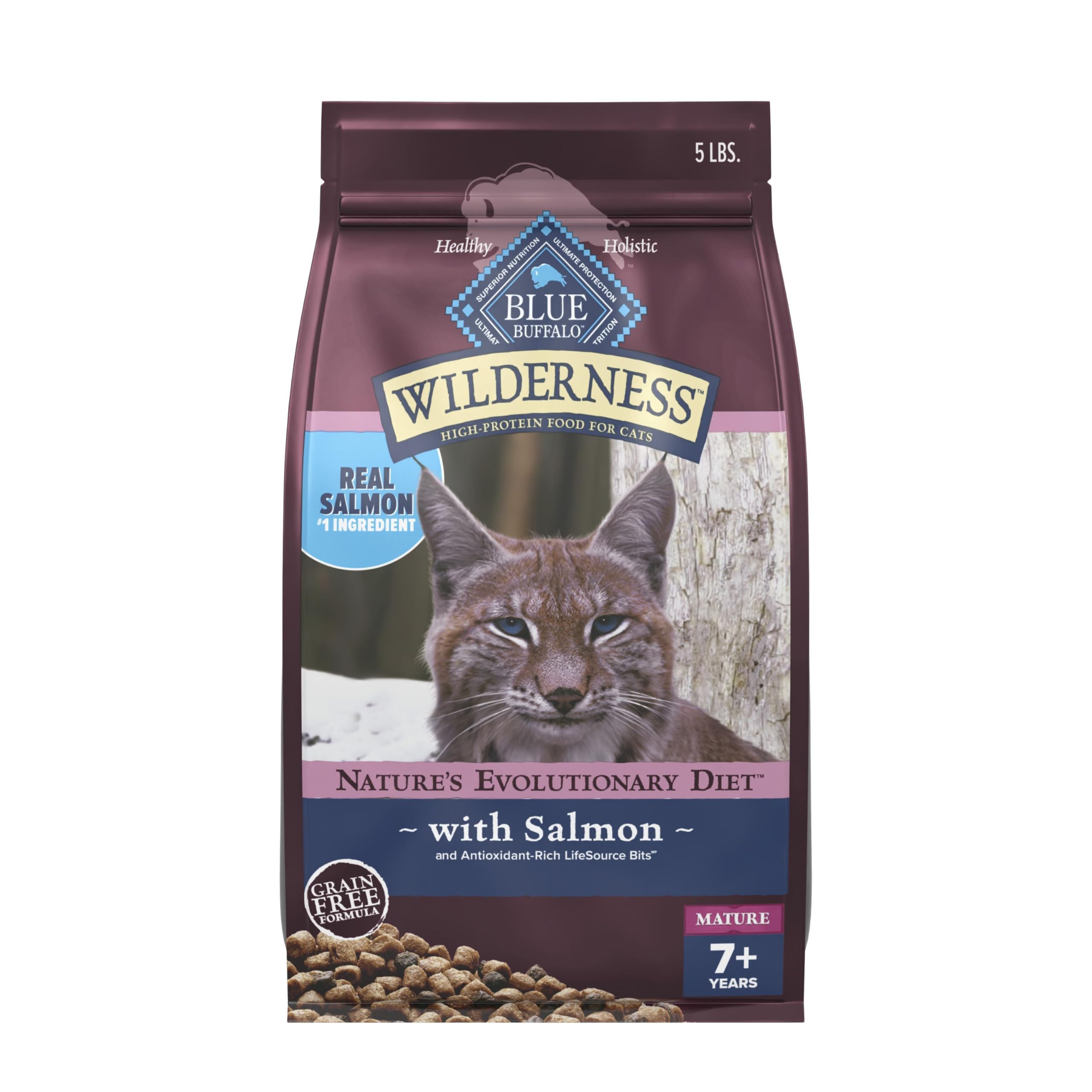 Blue Buffalo emballage avant saumon 5 lb montrant recette riche en protéines