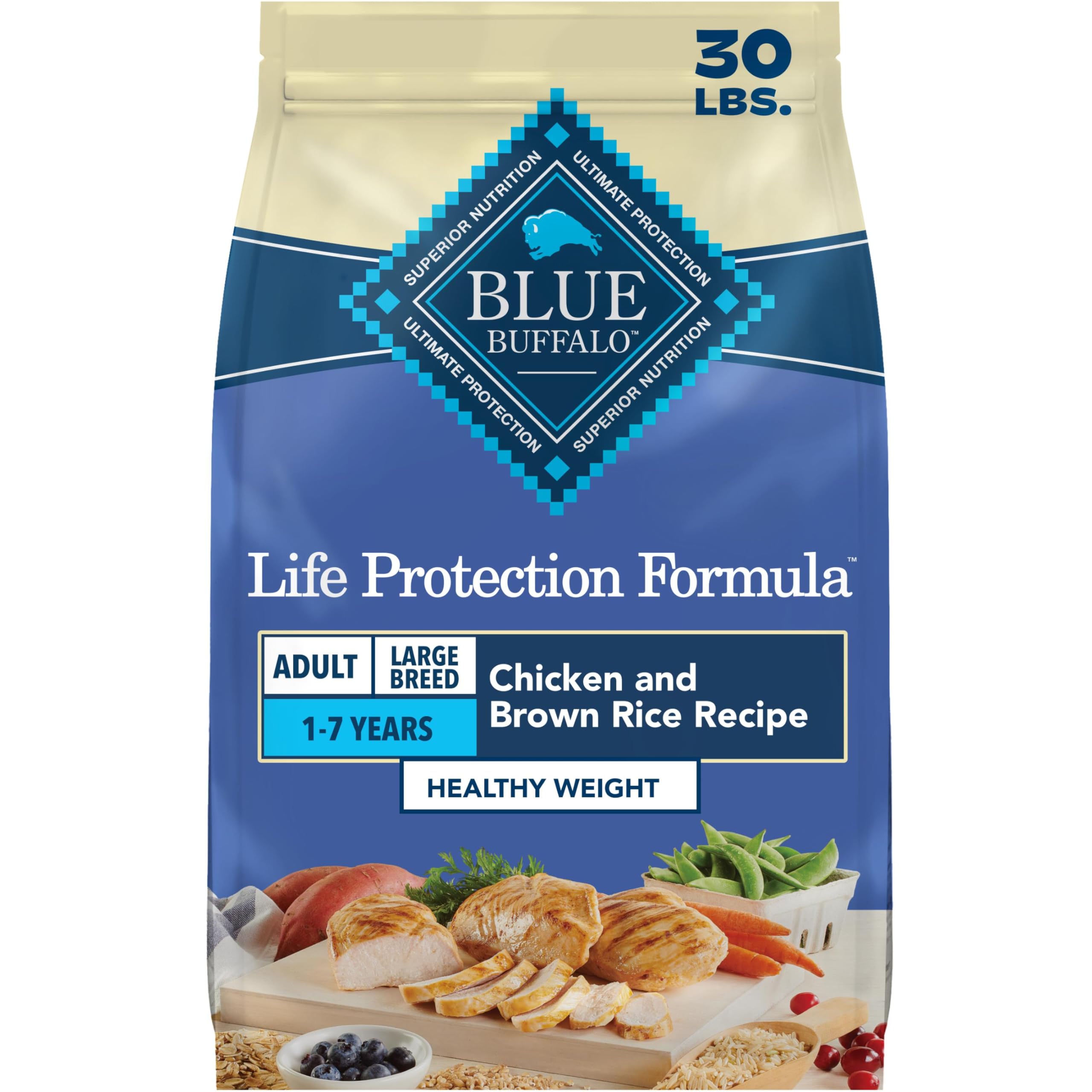 Blue Buffalo emballage face 30 lb montrant la recette Healthy Weight et qualité