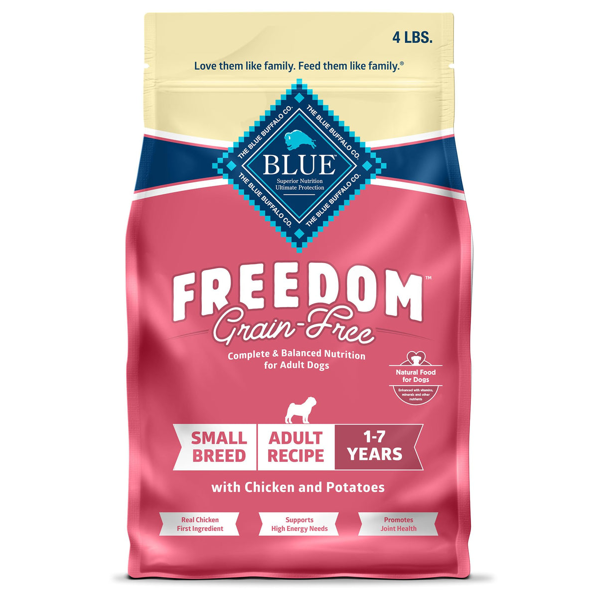 Blue Buffalo emballage face 4 lb montrant recette poulet et avantages