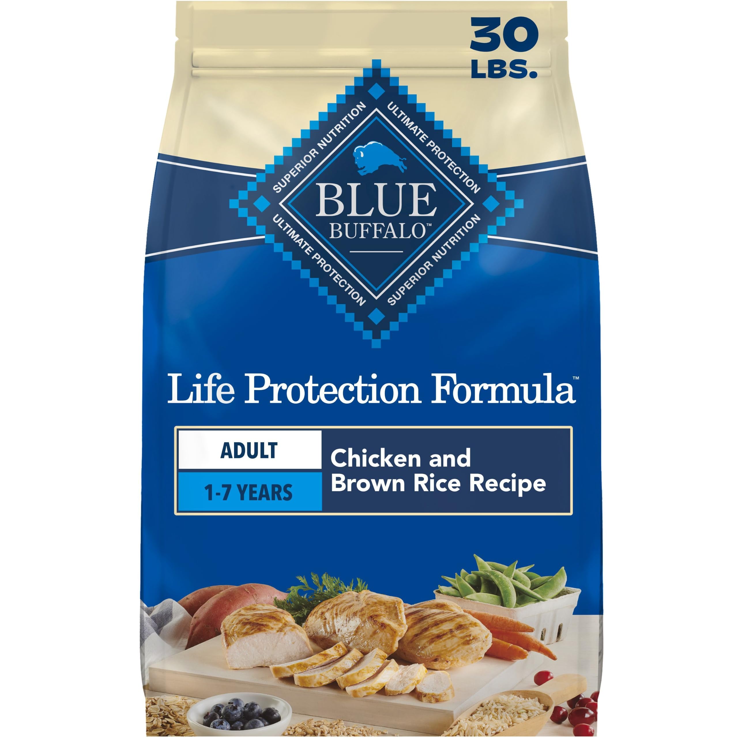 Blue Buffalo paquet 30 lb montrant l’emballage et garantie qualité