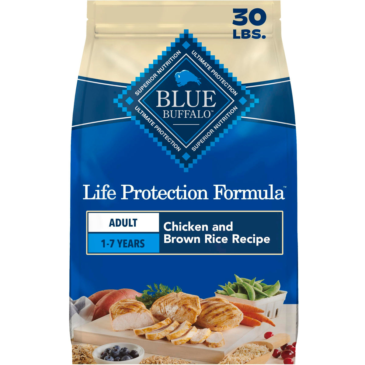 Blue Buffalo paquet 30 lb montrant l’emballage et garantie qualité