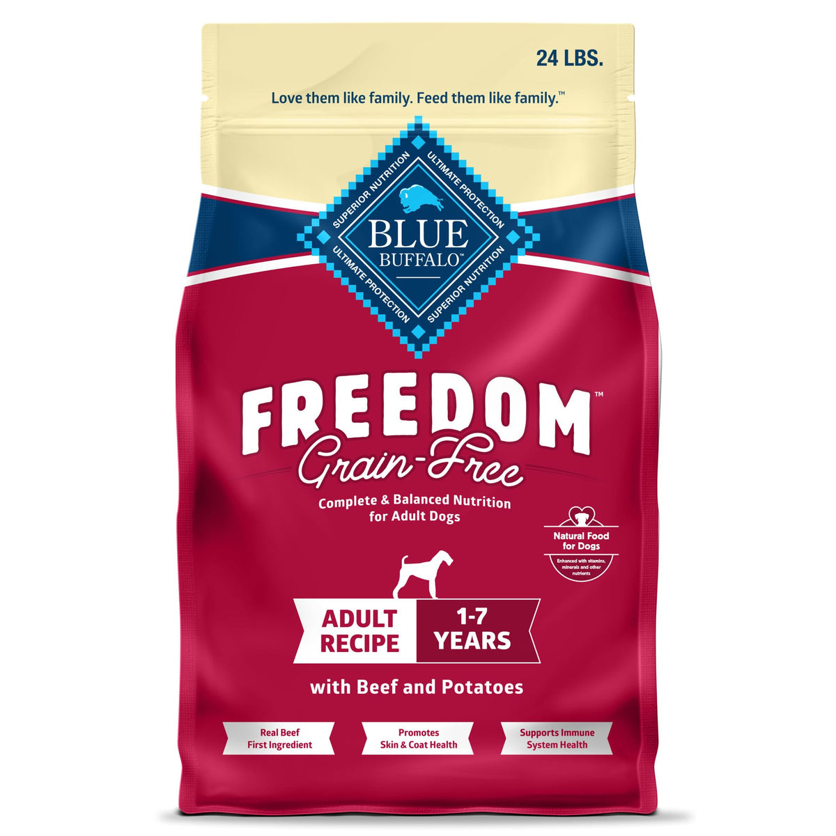 Blue Buffalo paquet avant montrant recette Freedom bœuf et bénéfice protéine