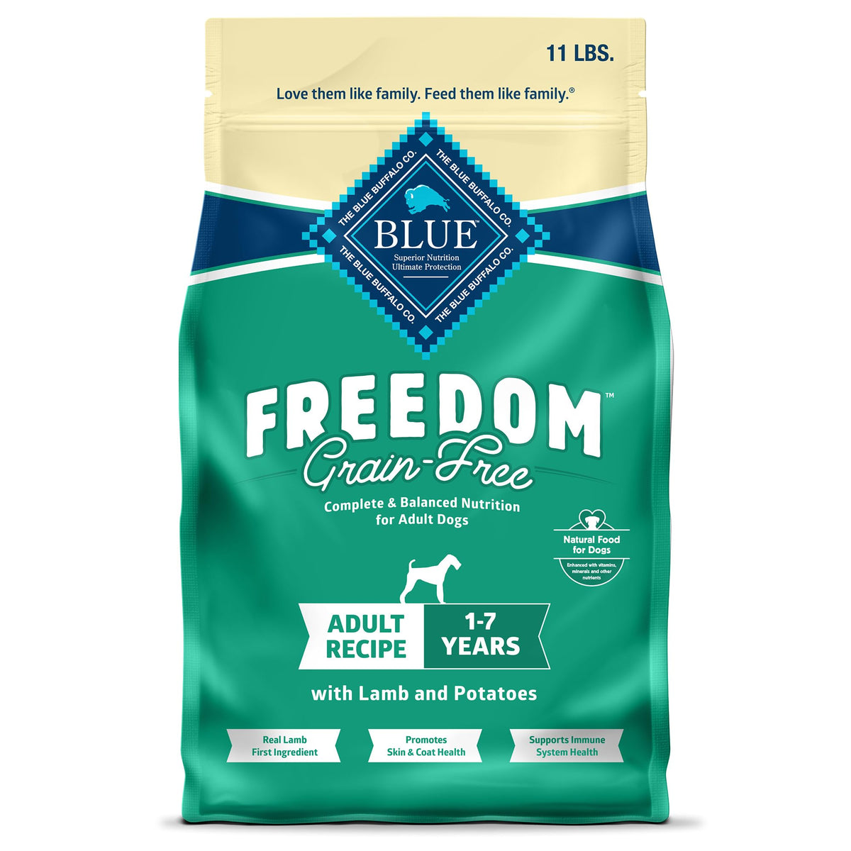 Blue Buffalo sac devant montrant la recette Freedom à l'agneau, confiance nutritionnelle