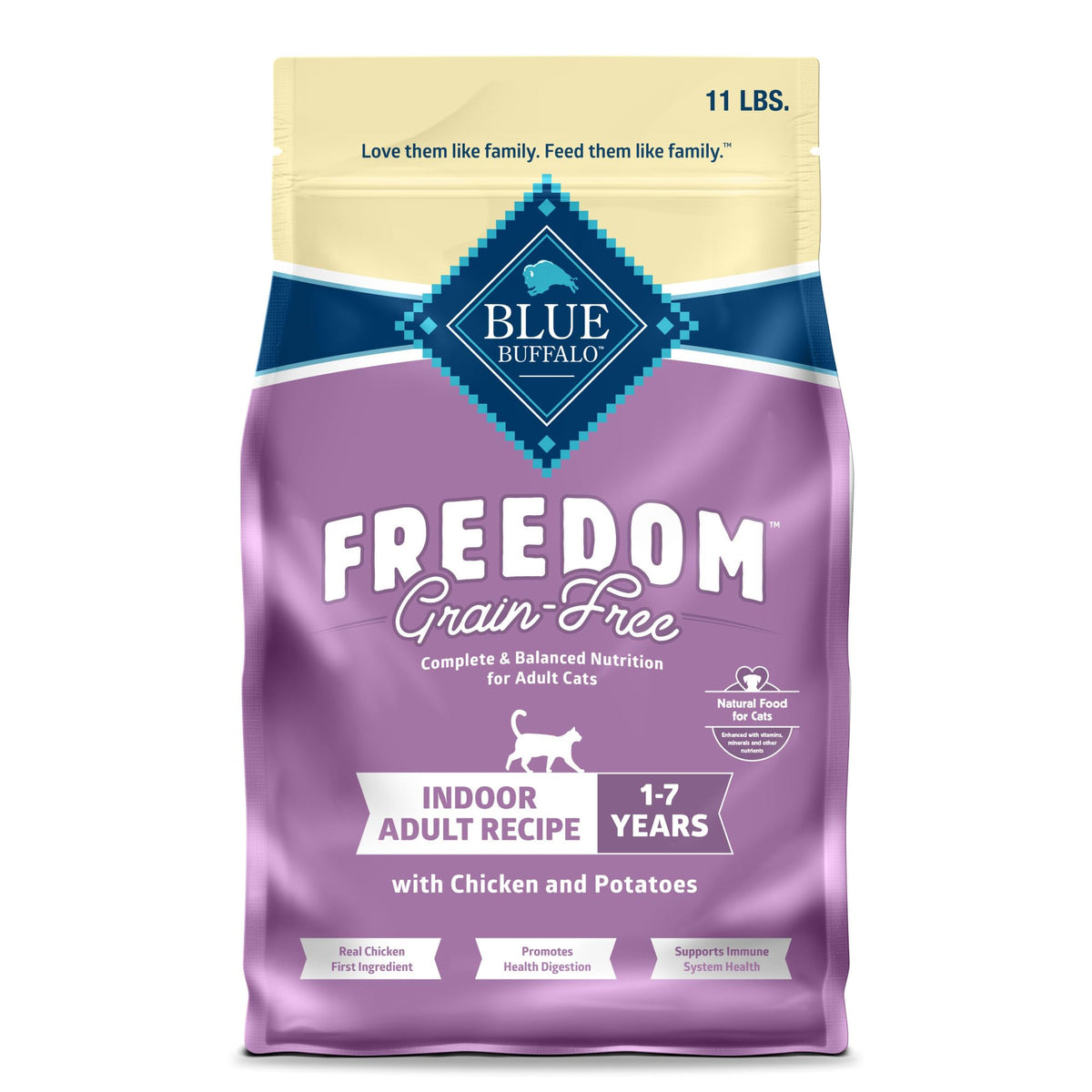 Blue Buffalo sac face montrant la recette Freedom poulet bénéfice nutritionnel