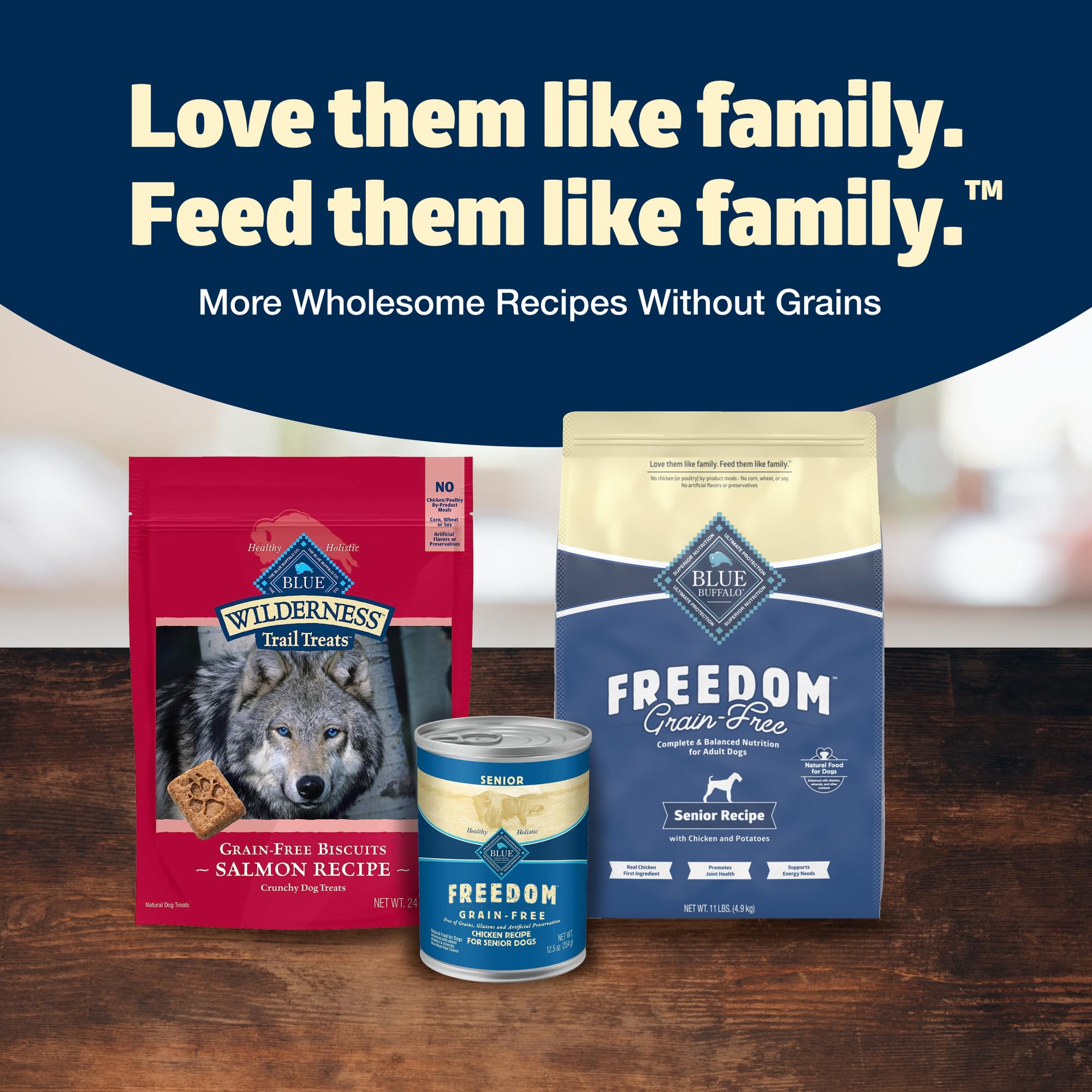 Blue Buffalo emballage arrière précisant ingrédients et absence de sous-produits